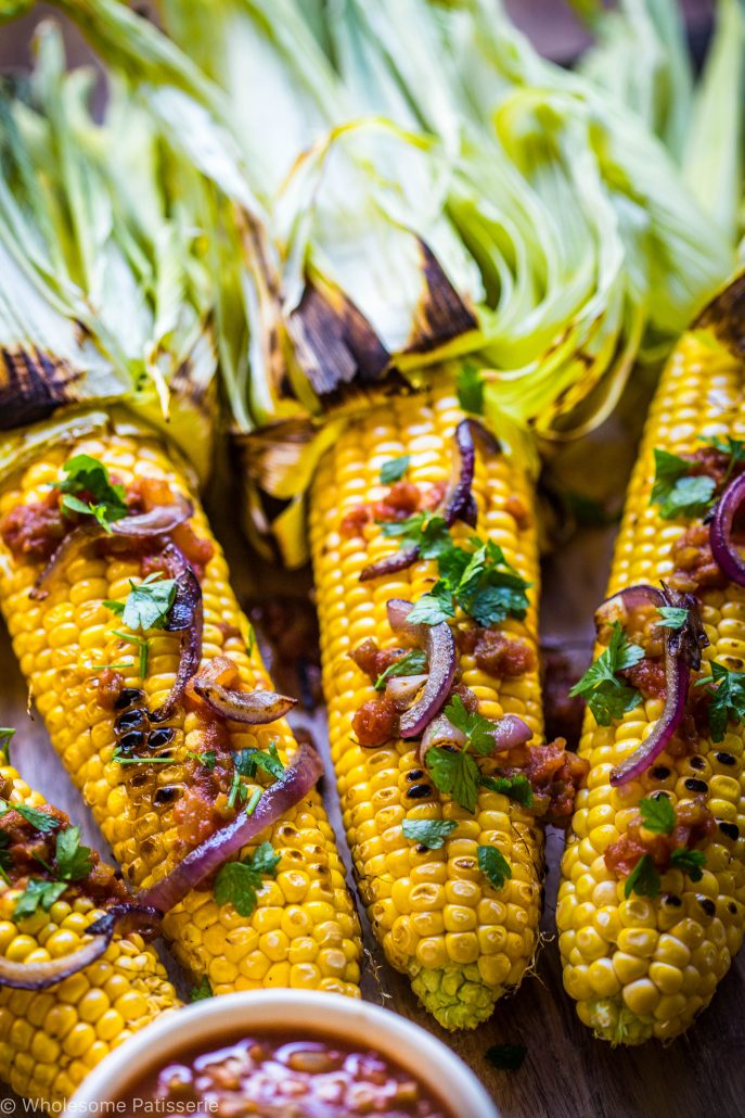 barbecued-corn-with-tomato-relish-and-grilled onions-vegan-gluten-free-dinner-easy
