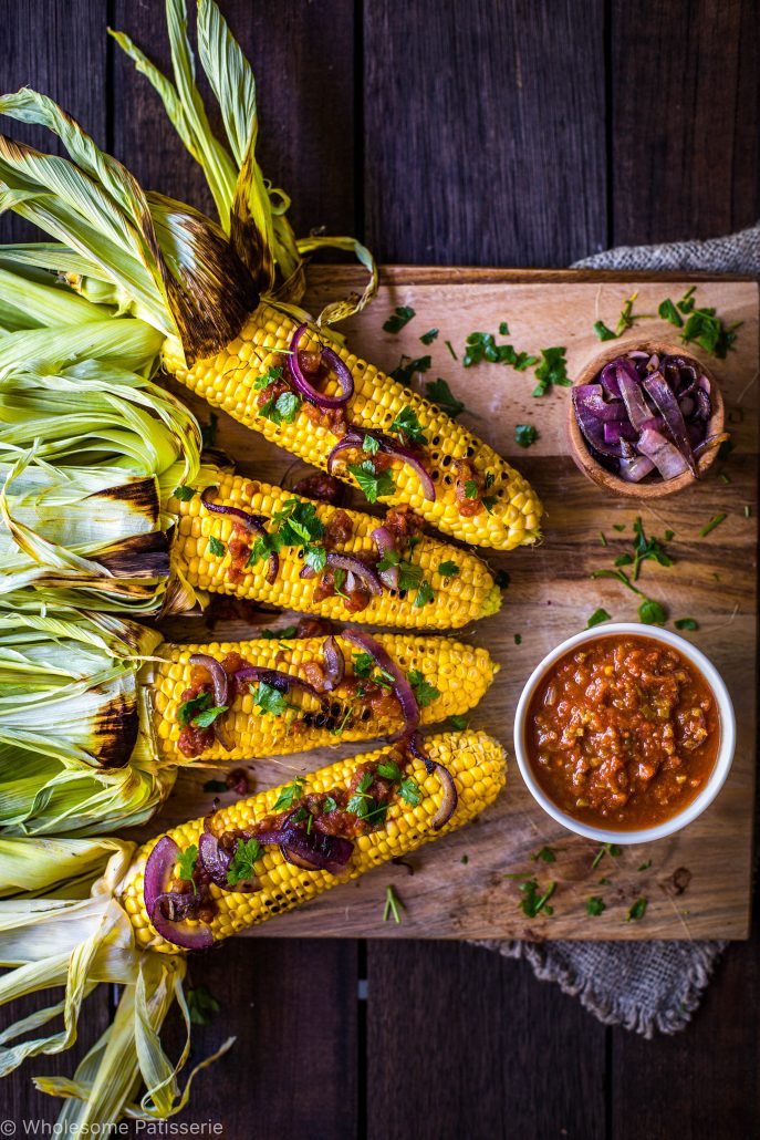 barbecued-corn-with-tomato-relish-and-grilled onions-vegan-gluten-free-dinner-easy-vegan