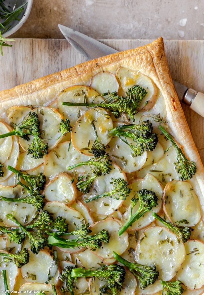 Crispy golden pastry tart filled with rosemary potatoes, extra sharp cheese, garlic and beautiful green broccolini! 