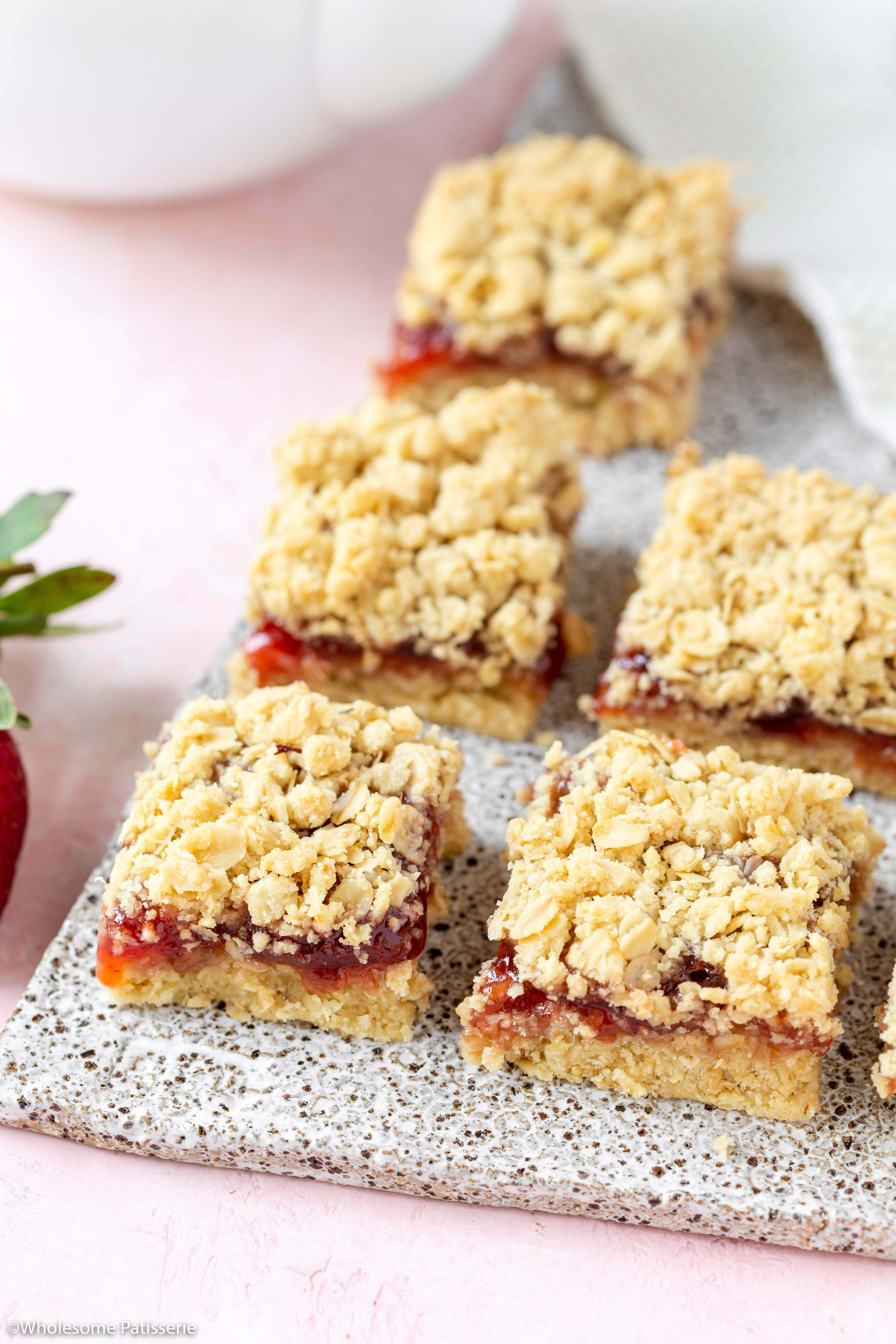 The baked crumble bars on a serving platter ready to enjoy. 