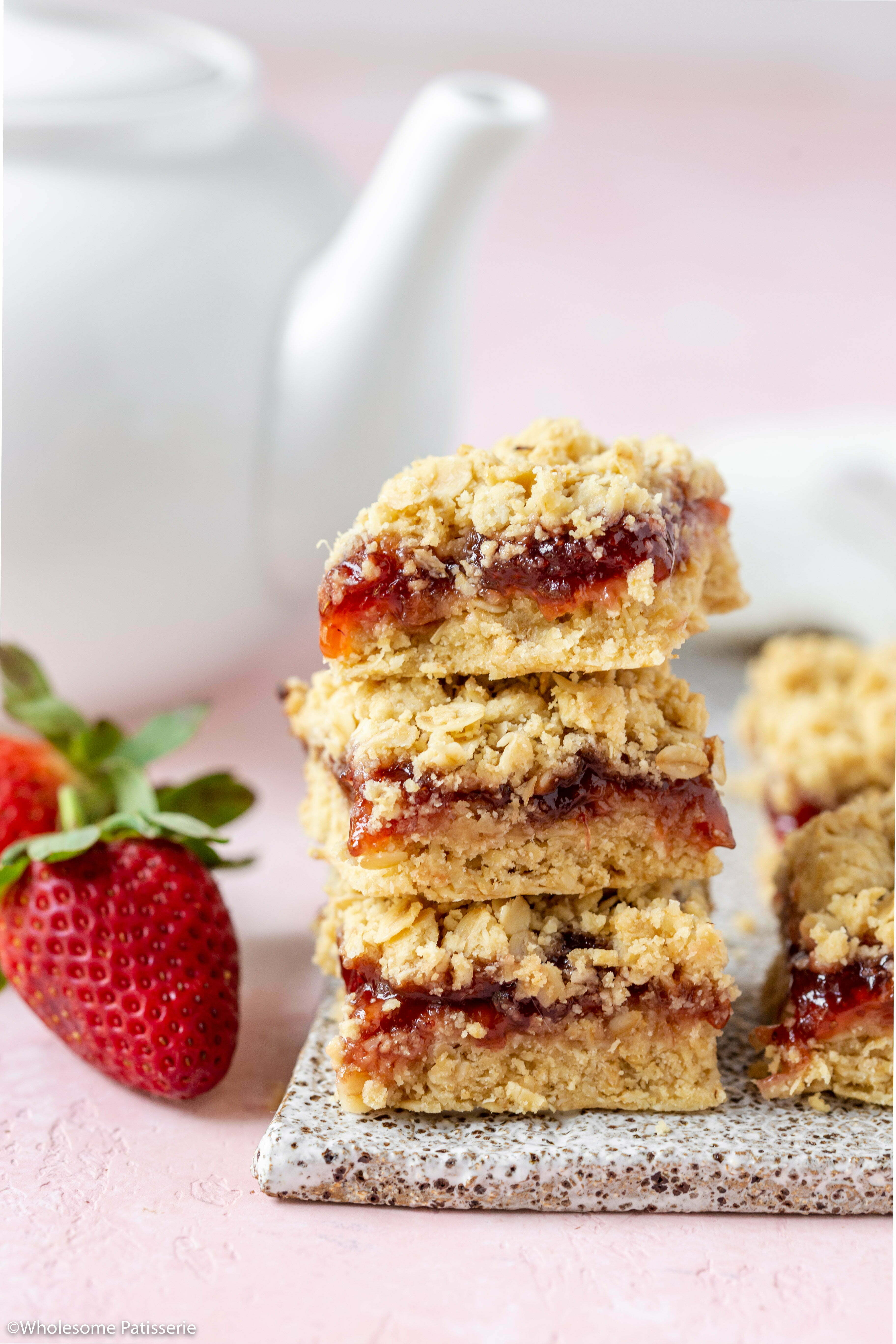 A stack of the strawberry crumble bars on display. 