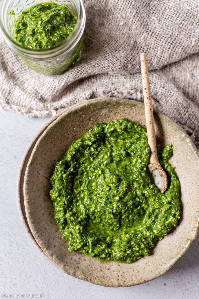 Spinach, Basil and Chive Pesto (Nut Free)! With added fresh ginger and chives, this 10-ingredient homemade pesto pairs well with everything! Can also be made dairy free by replacing the parmesan cheese with nutritional yeast flakes!