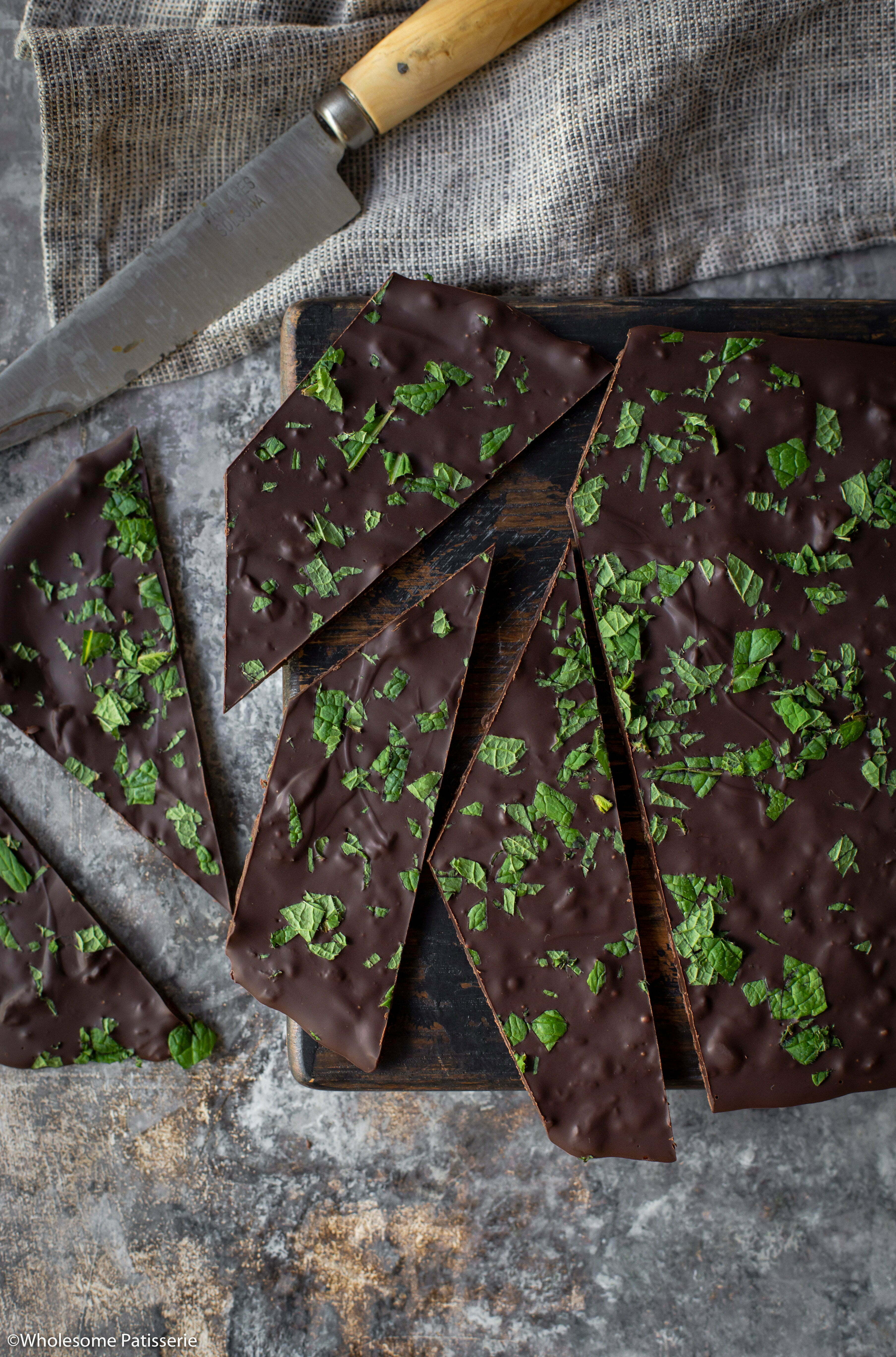 Overhead image of mint chocolate bark sliced up ready to serve. 