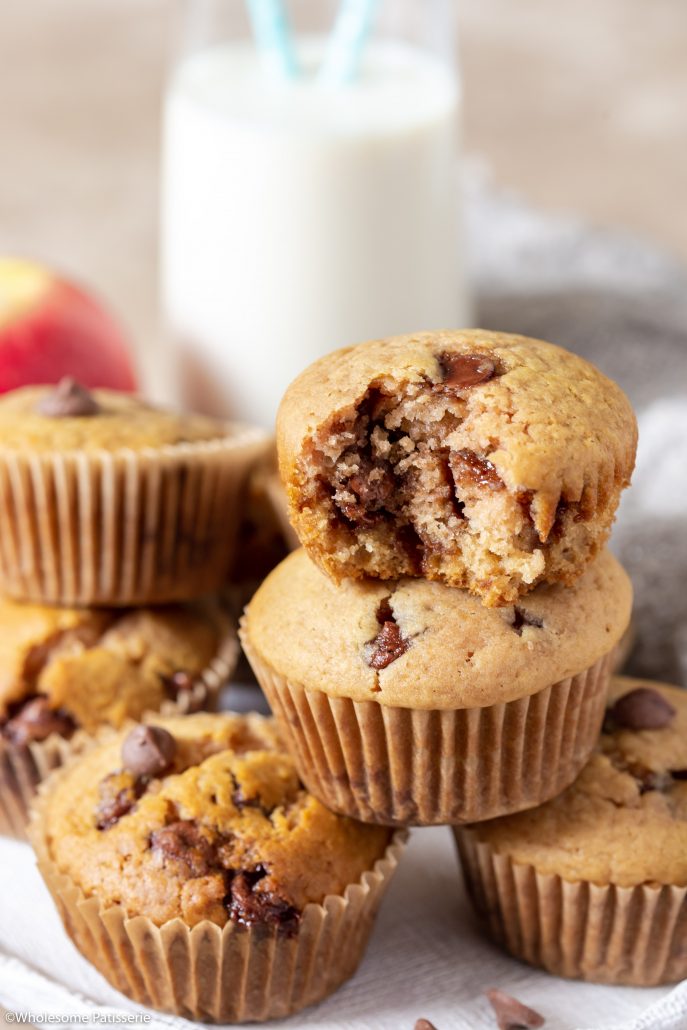 One Bowl Chocolate Chip Apple Muffins! The softest, most fluffiest 9-ingredient muffins requiring zero electrical beaters!