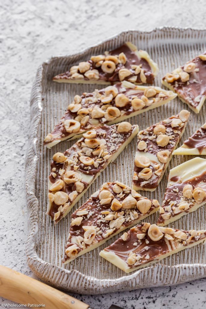 Salted Chocolate Hazelnut Bark! A divine 6-ingredient chocolate bark with a gooey topping! A light sprinkling of sea salt flakes cuts through the sweetness leaving you well balanced ;) 