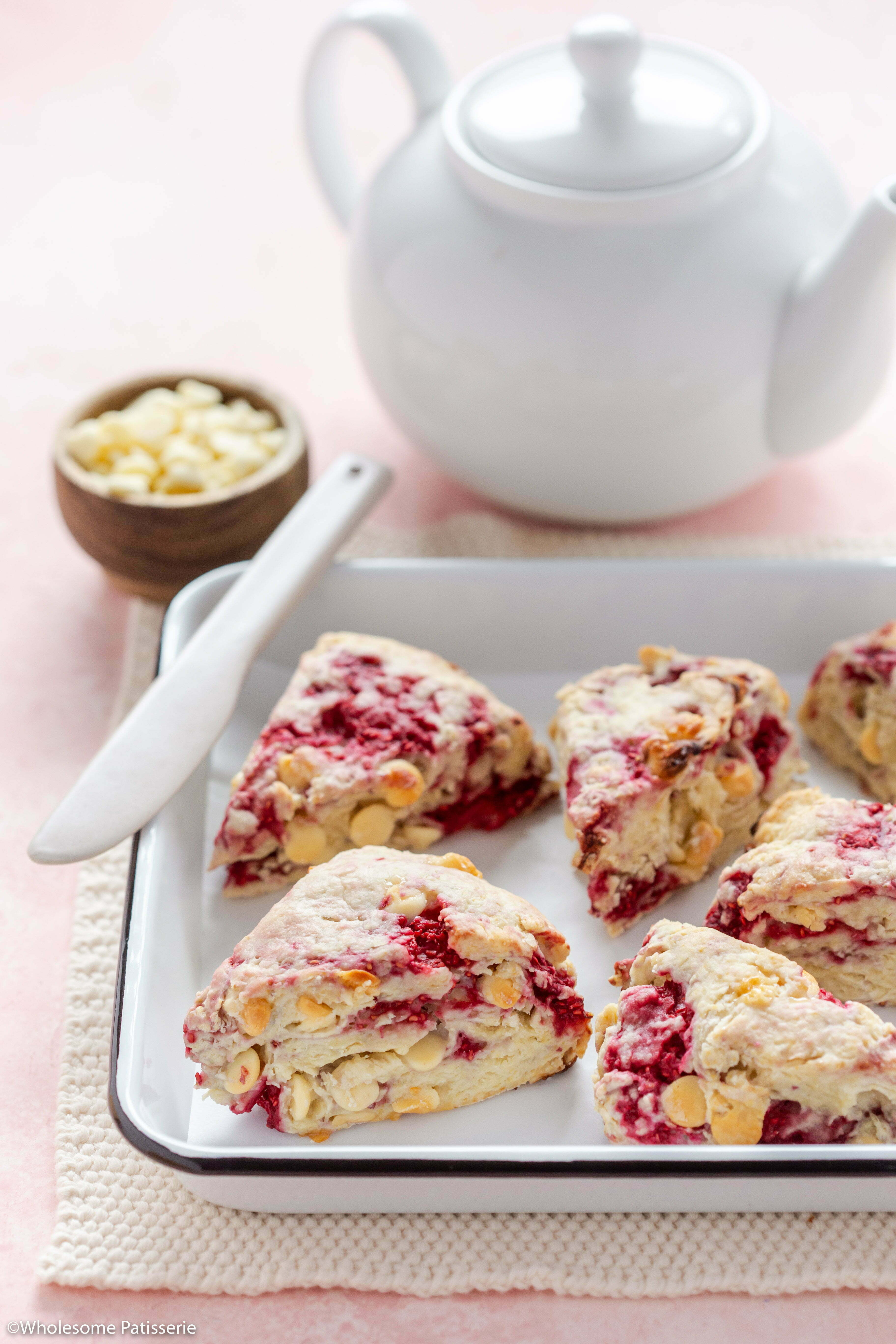 The raspberry white chocolate scones baked and ready to serve.