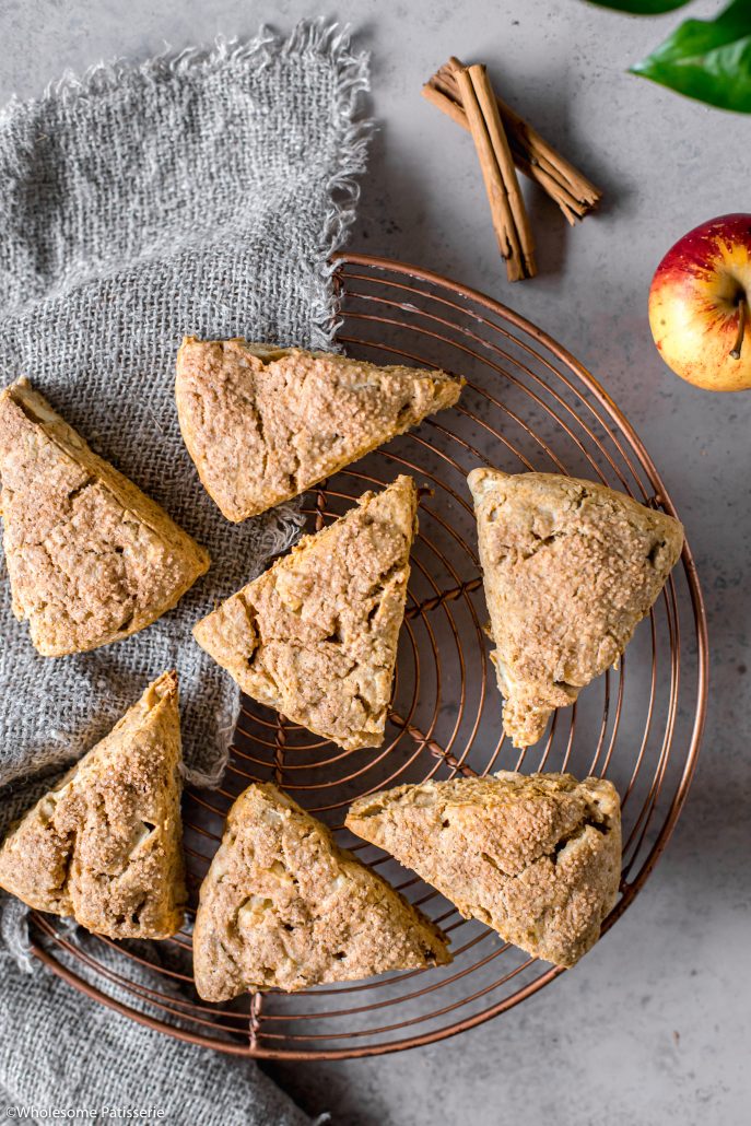 Gluten Free Apple & Cinnamon Scones! These homemade scones are heartwarming, satisfying and simple to make. Spiced with ground cinnamon, brown sugar and filled with diced apple. Serve warm shortly after the oven with a warm cup of tea.