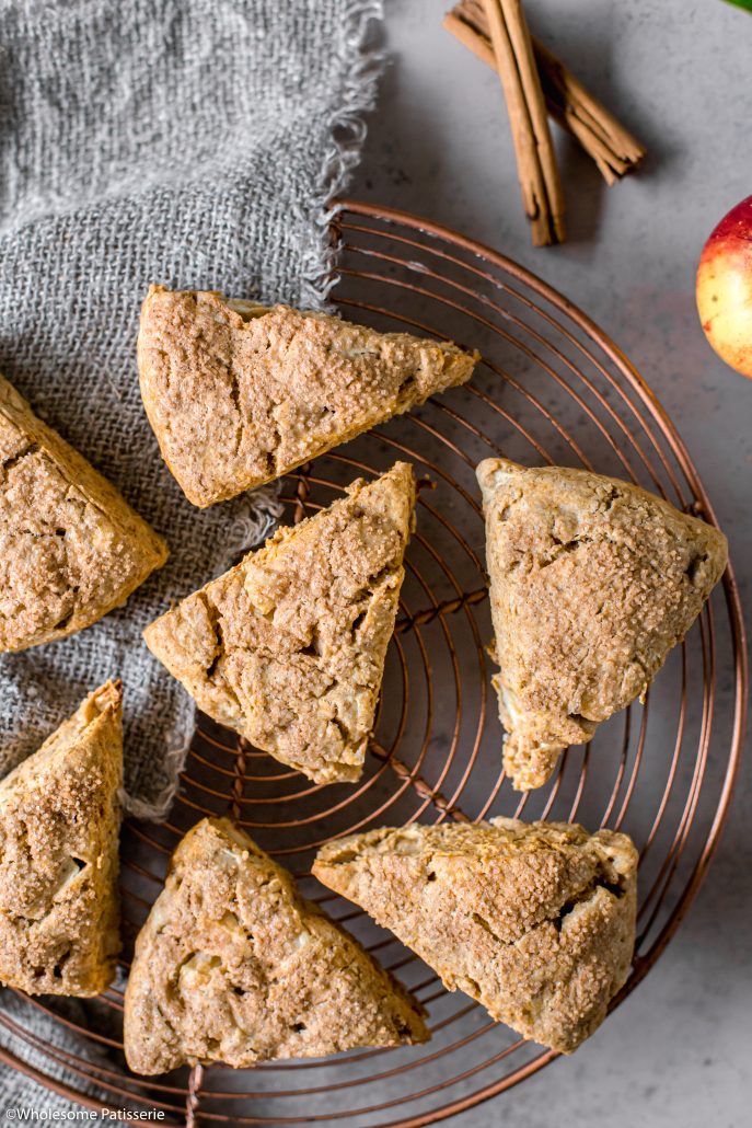 Gluten Free Apple & Cinnamon Scones! These homemade scones are heartwarming, satisfying and simple to make. Spiced with ground cinnamon, brown sugar and filled with diced apple. Serve warm shortly after the oven with a warm cup of tea.