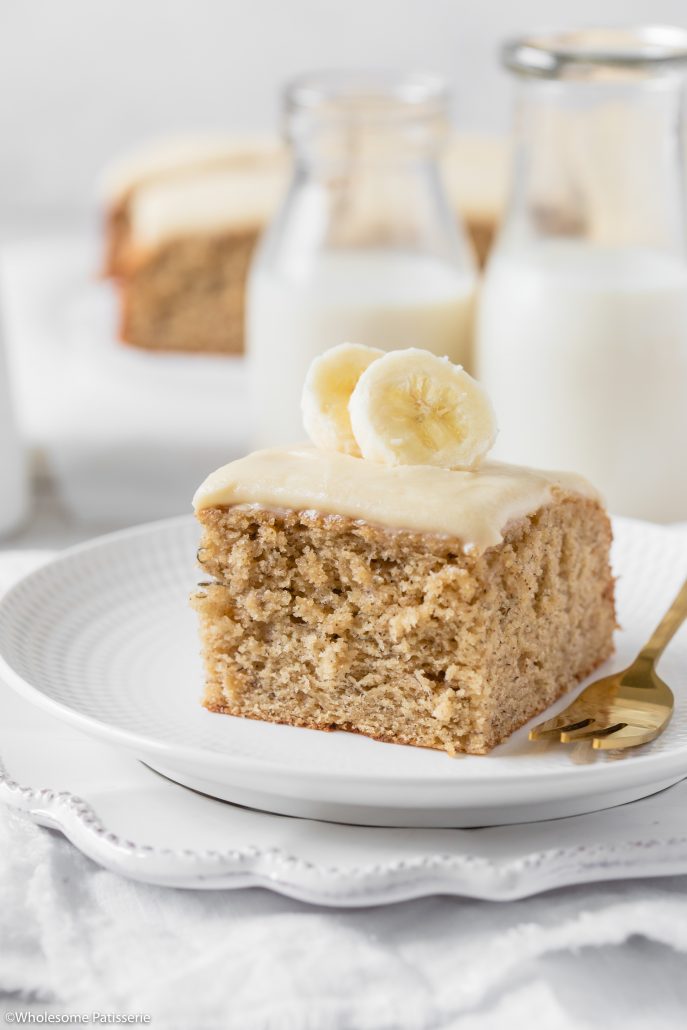 Classic Banana Cake with Vanilla Buttercream! A wonderful and classic banana sheet cake paired with a creamy and luscious vanilla infused buttercream frosting.