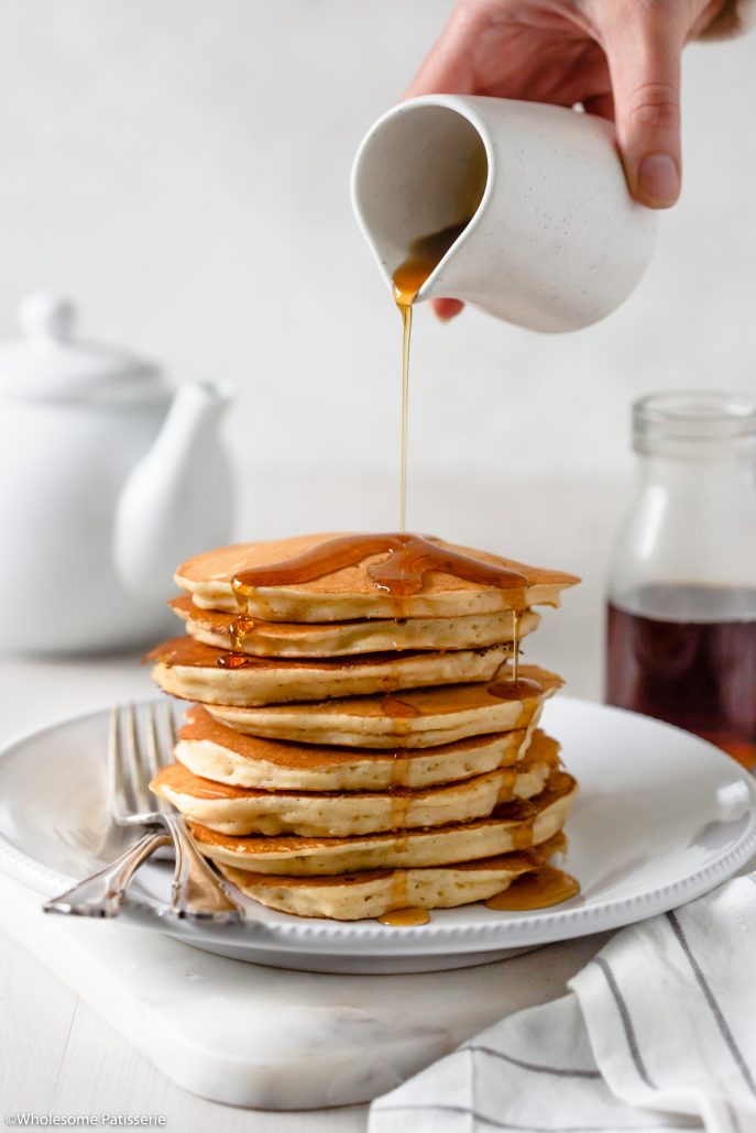 Perfect Fluffy Pancakes! A basic pancake recipe that’s created in one bowl and doesn’t lack flavour. Made with 8 simple ingredients, a bowl and fry pan. Infused with flavourful golden butter and plenty of vanilla bean extract to make these homemade pancakes taste amazing. 