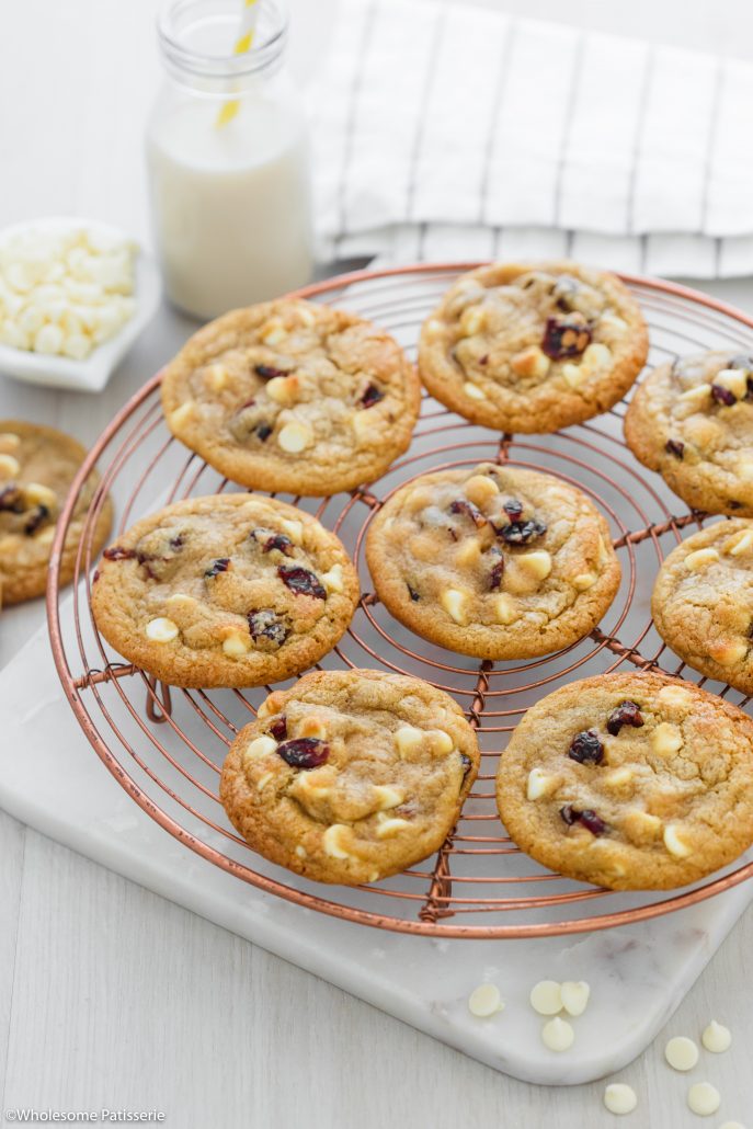 A delightful batch of Soft and Chewy Cranberry White Chocolate Chip Cookies. Perfect for your holiday season baking and a fantastic recipe to enjoy all year round. These cookies are soft and chewy in texture with a slight crisp edging. With each mouthful, you’re guaranteed to get sweet and tart dried cranberries along with creamy and smooth white chocolate chips. 