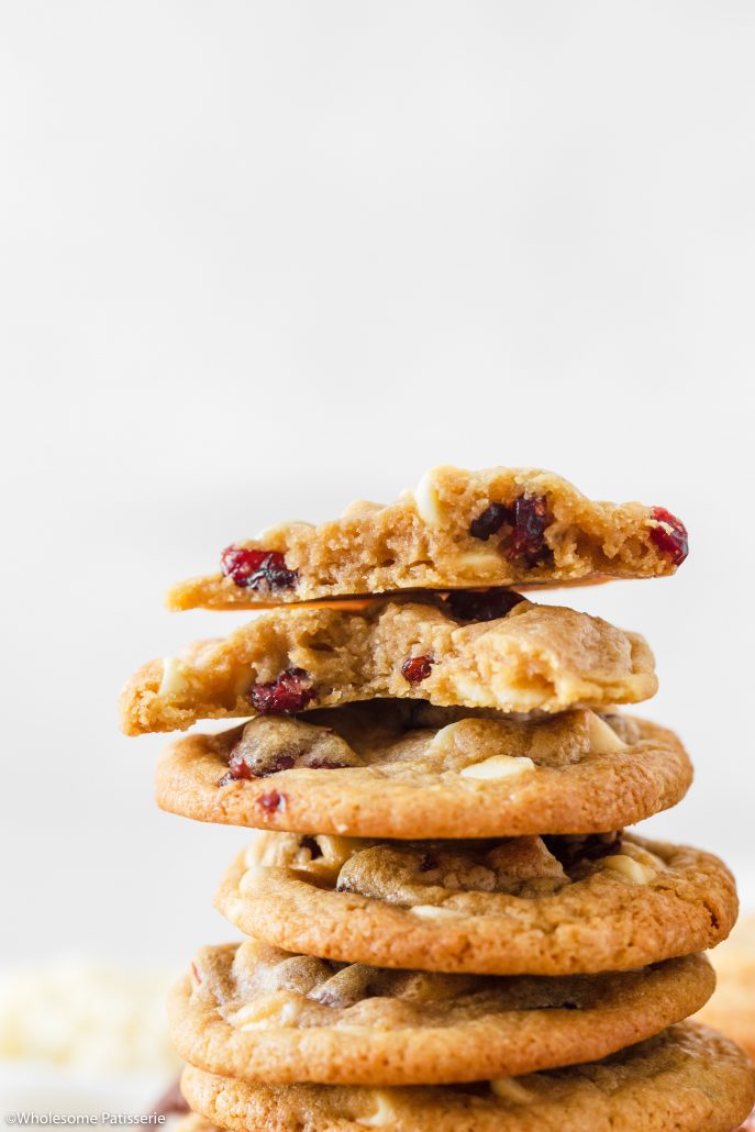 A delightful batch of Soft and Chewy Cranberry White Chocolate Chip Cookies. Perfect for your holiday season baking and a fantastic recipe to enjoy all year round. These cookies are soft and chewy in texture with a slight crisp edging. With each mouthful, you’re guaranteed to get sweet and tart dried cranberries along with creamy and smooth white chocolate chips. 