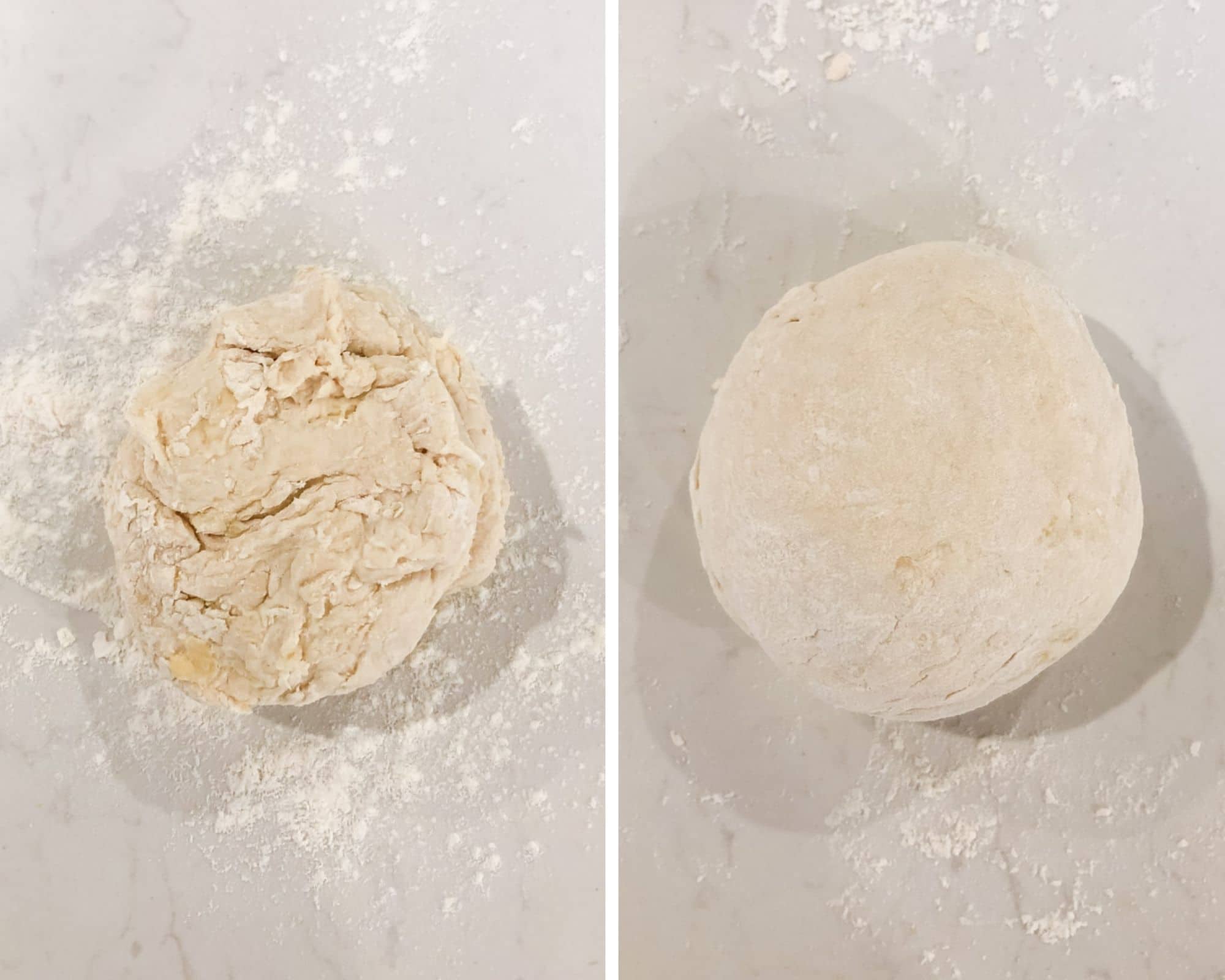 Dough before and after kneading it