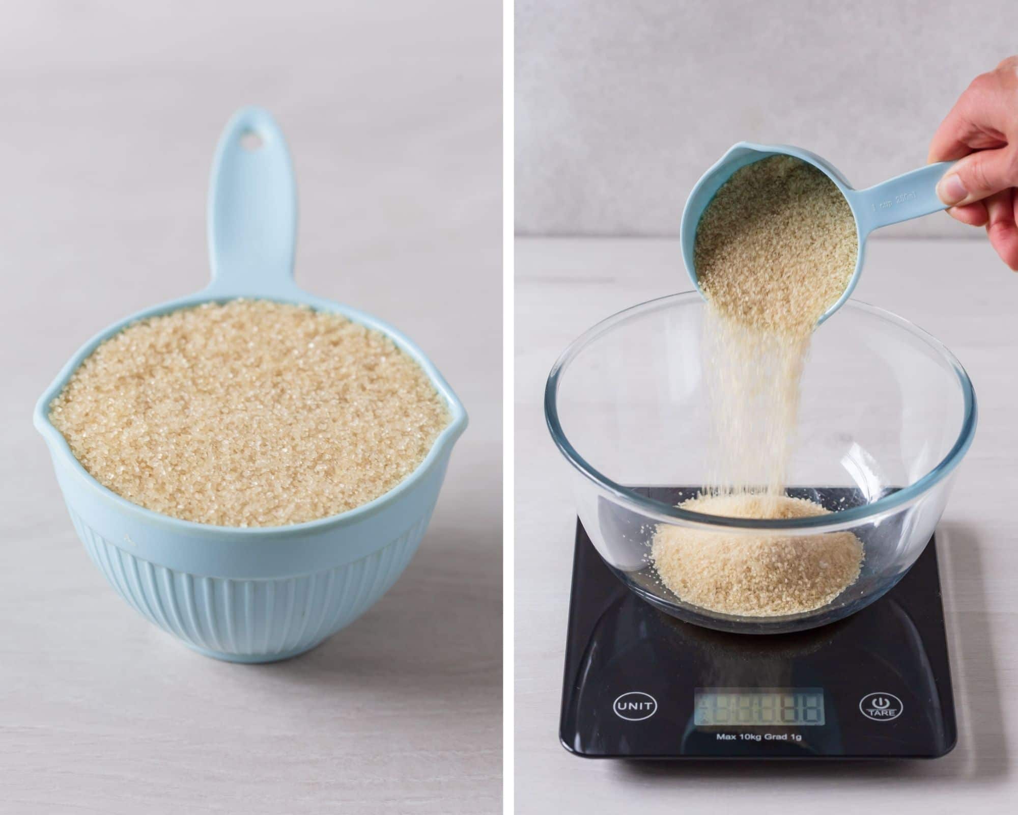 Measuring granulated and caster sugar in cup and on a kitchen scale