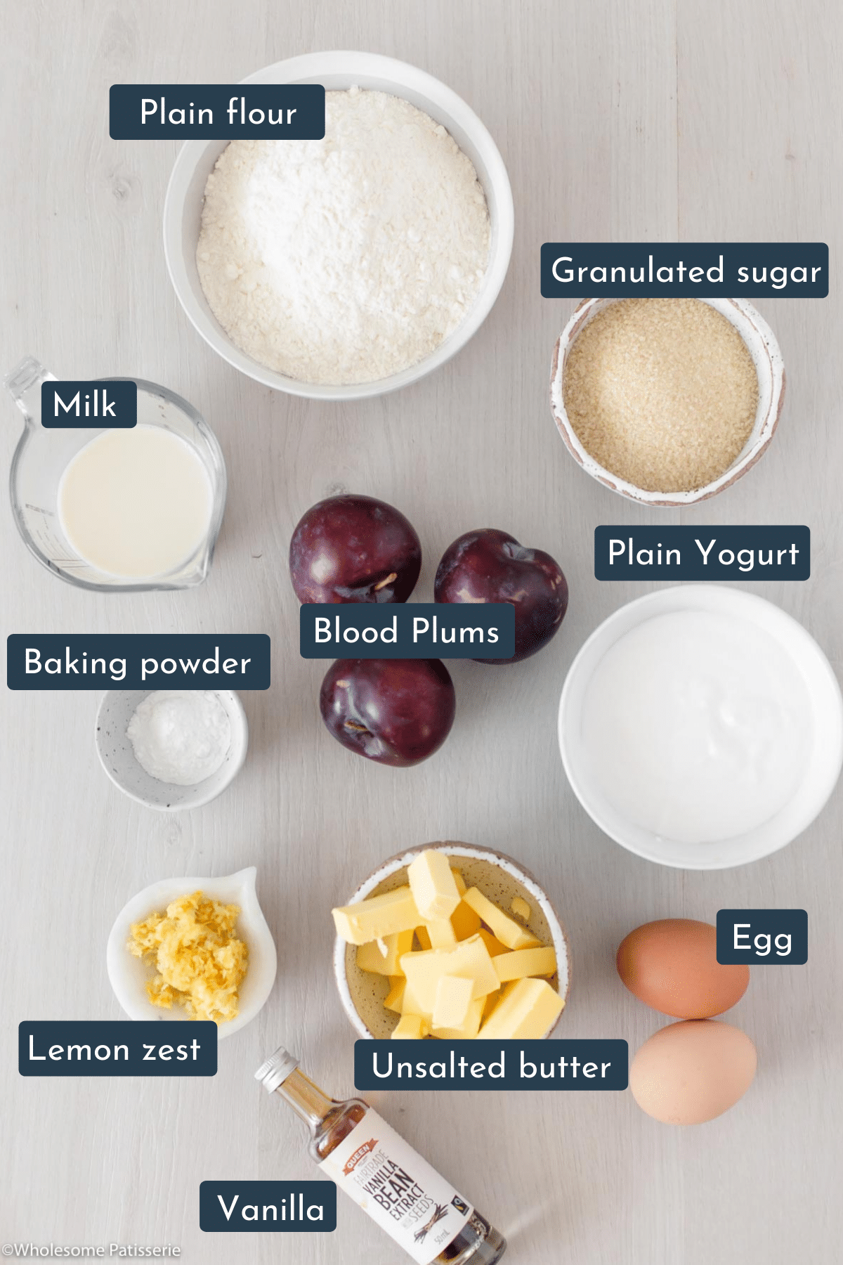 Showing each individual ingredient needed to bake this cake