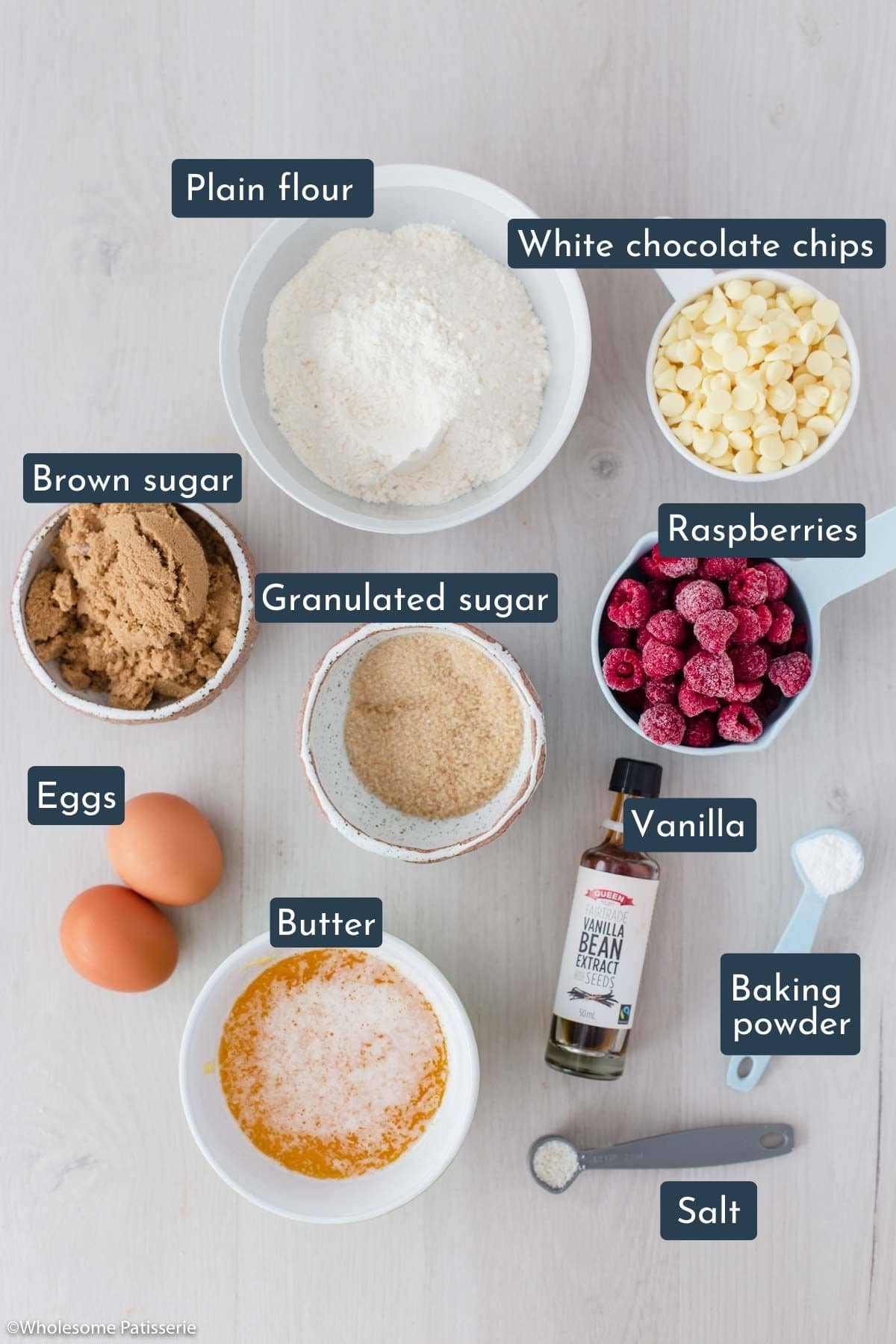 Ingredients to make these blondies is all-purpose flour, white chocolate chips, unsalted block butter, granulated sugar, brown sugar, frozen or fresh raspberries, vanilla extract, eggs, baking powder and salt.