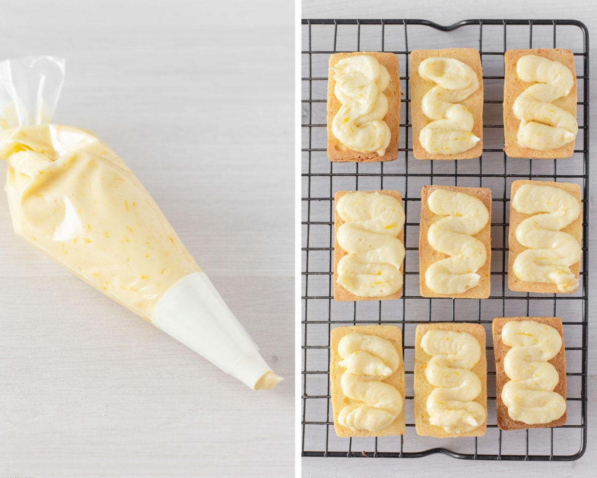 Piping the lemon cream onto the shortbread biscuits. 