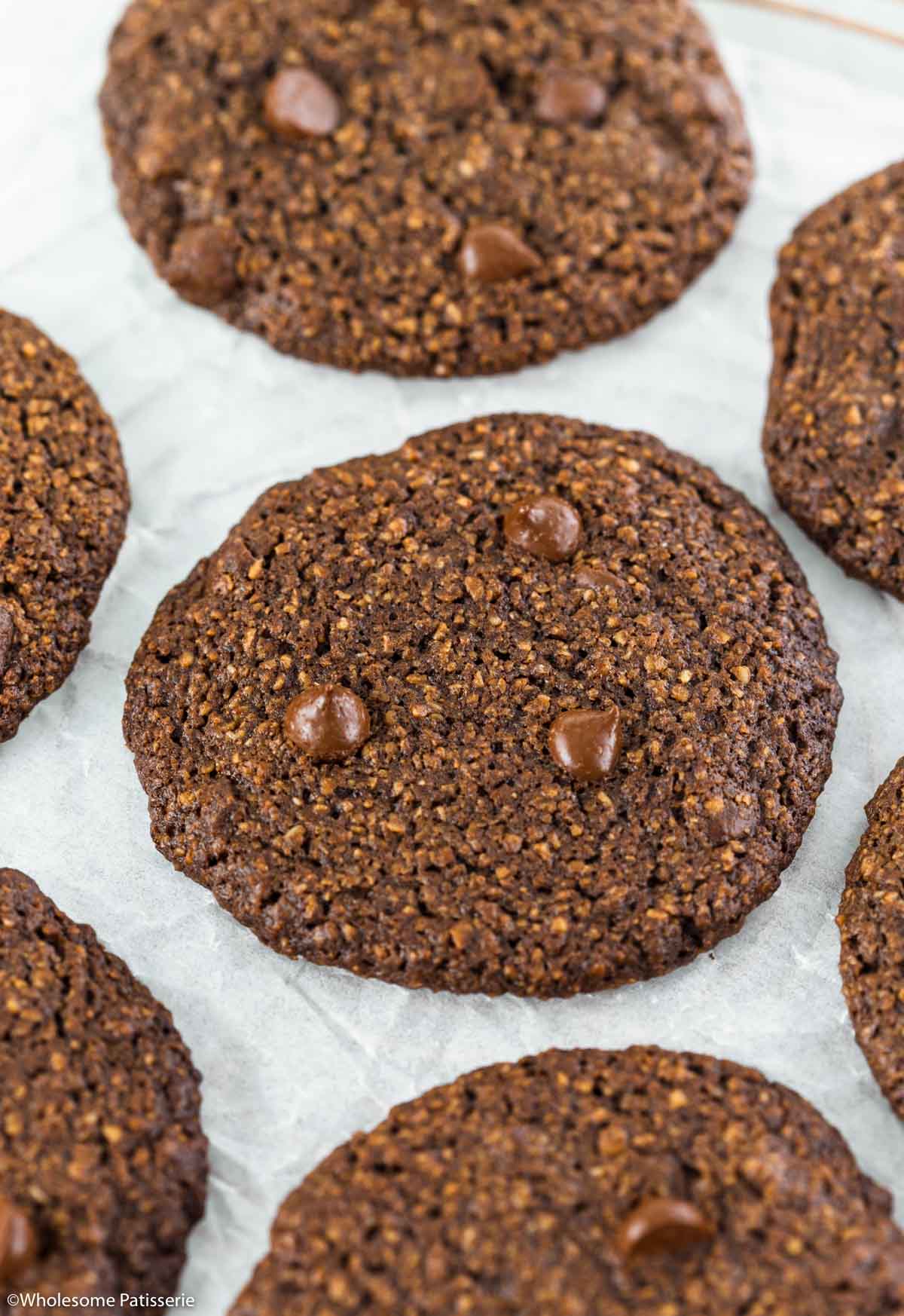 Close up image showing texture and chocolate chips in the baked cookies