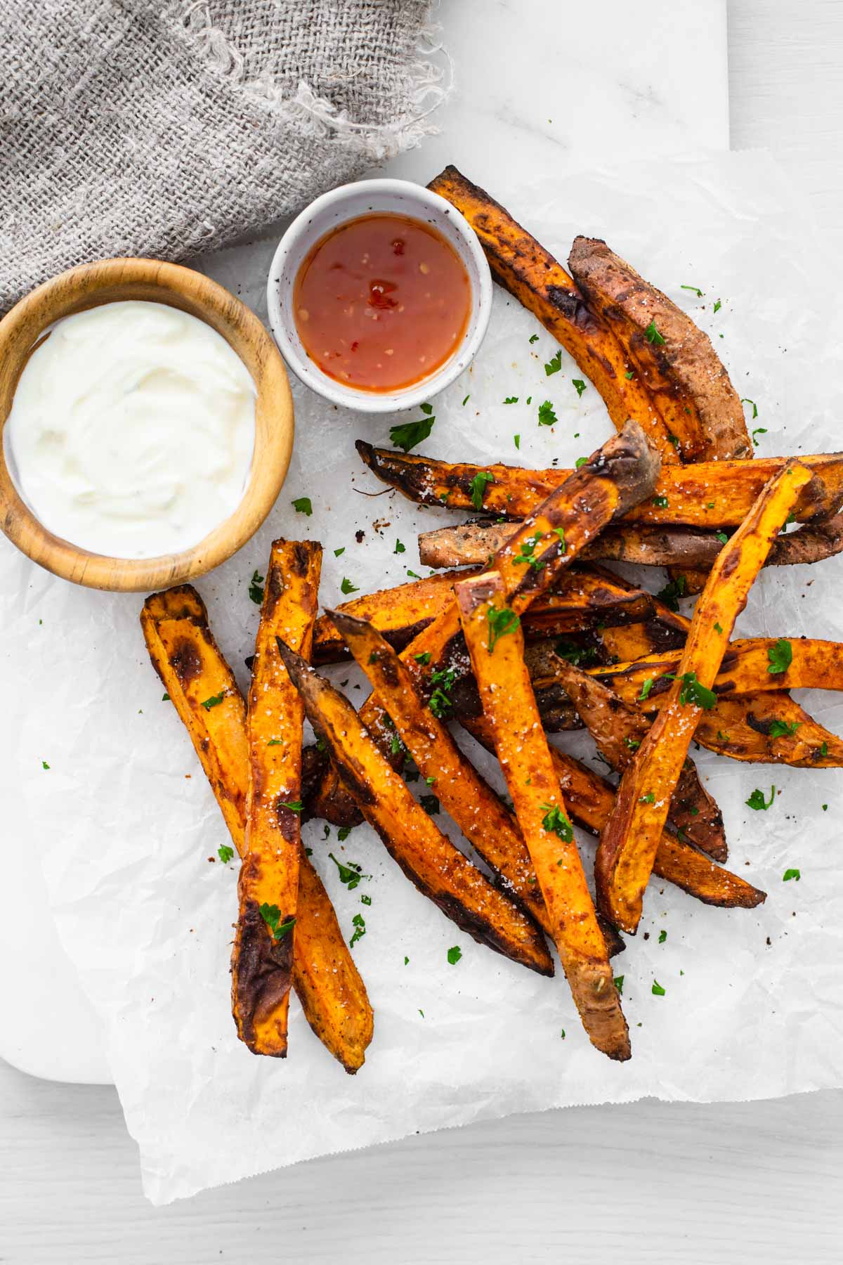 Overhead image of the air fryer sweet potato wedges ready to serve