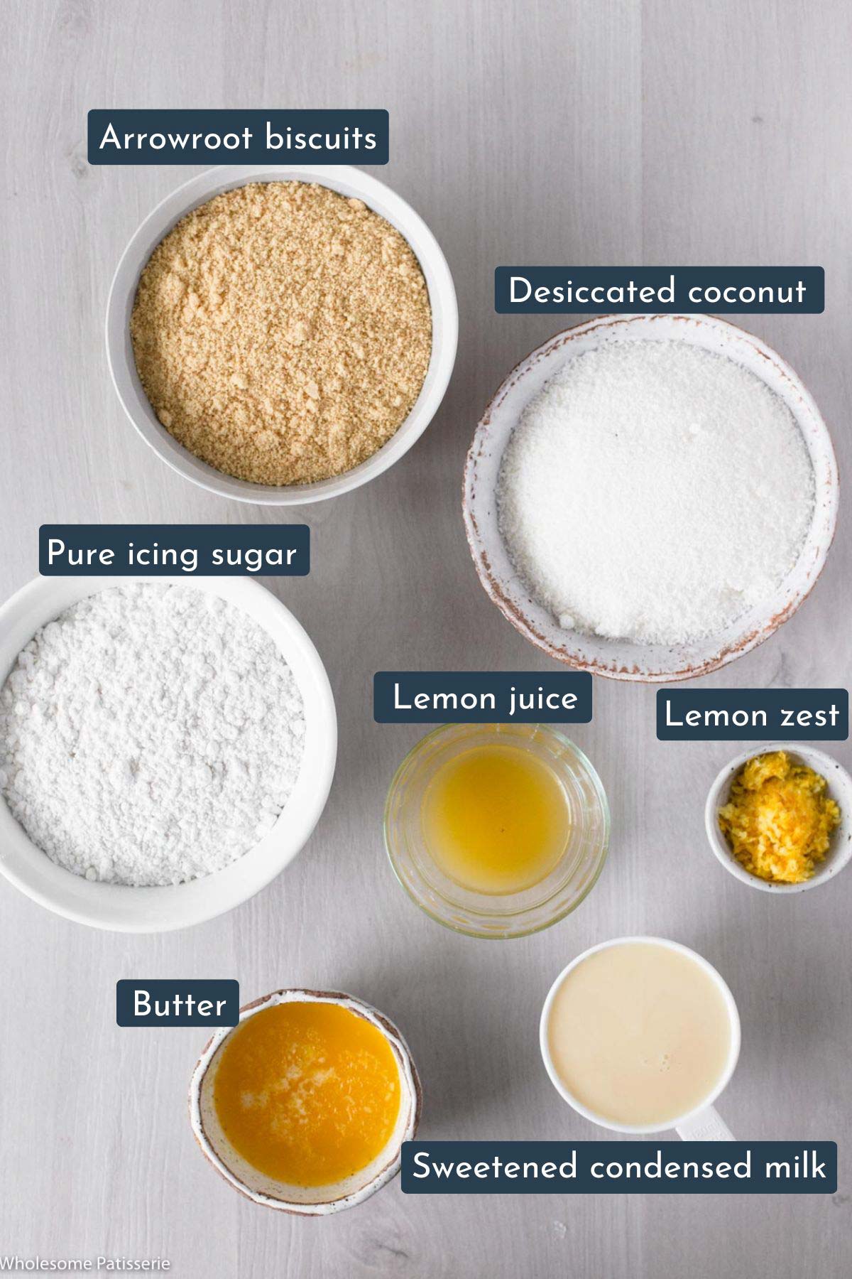 Ingredients needed to make this easy lemon coconut slice