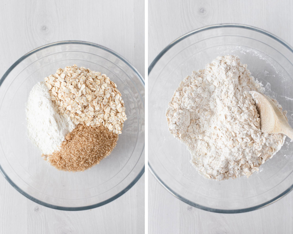 Combining the dry ingredients in a large mixing bowl.