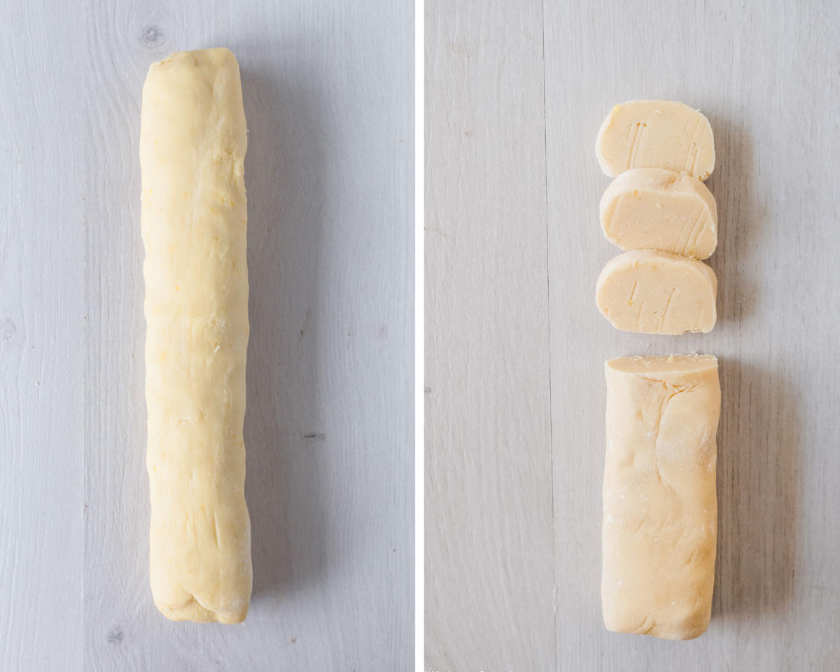 Roll the dough into a long log, refrigerate then slice into individual cookies.