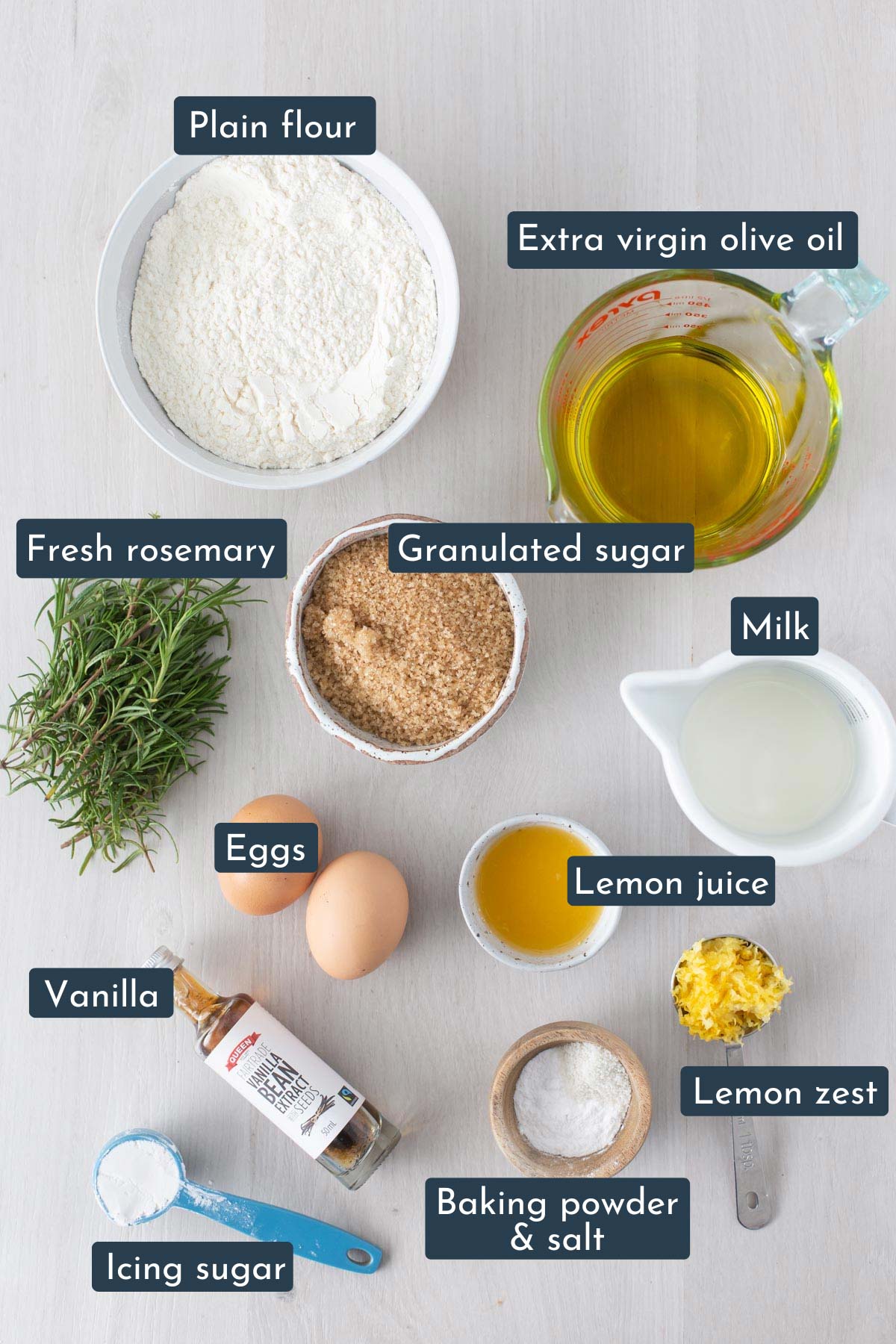 The individual ingredients laid out to show what is needed to bake this cake.