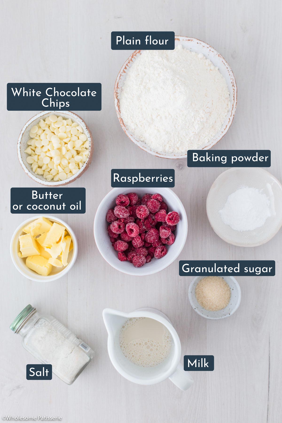 The individual ingredients laid out to show what is needed to make these scones.