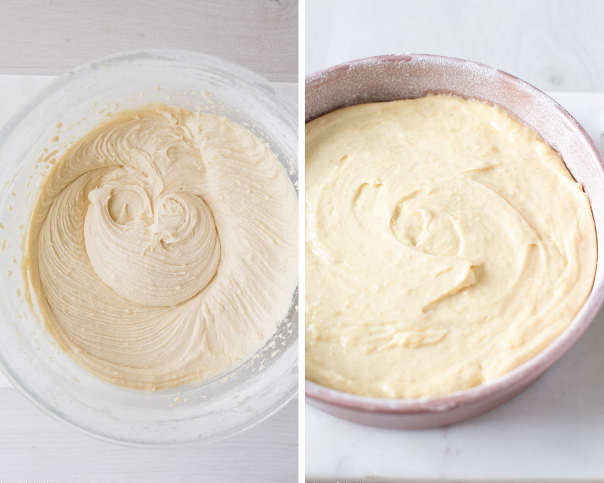 The cake batter formed and spread into the cake pan to bake for 30 minutes.
