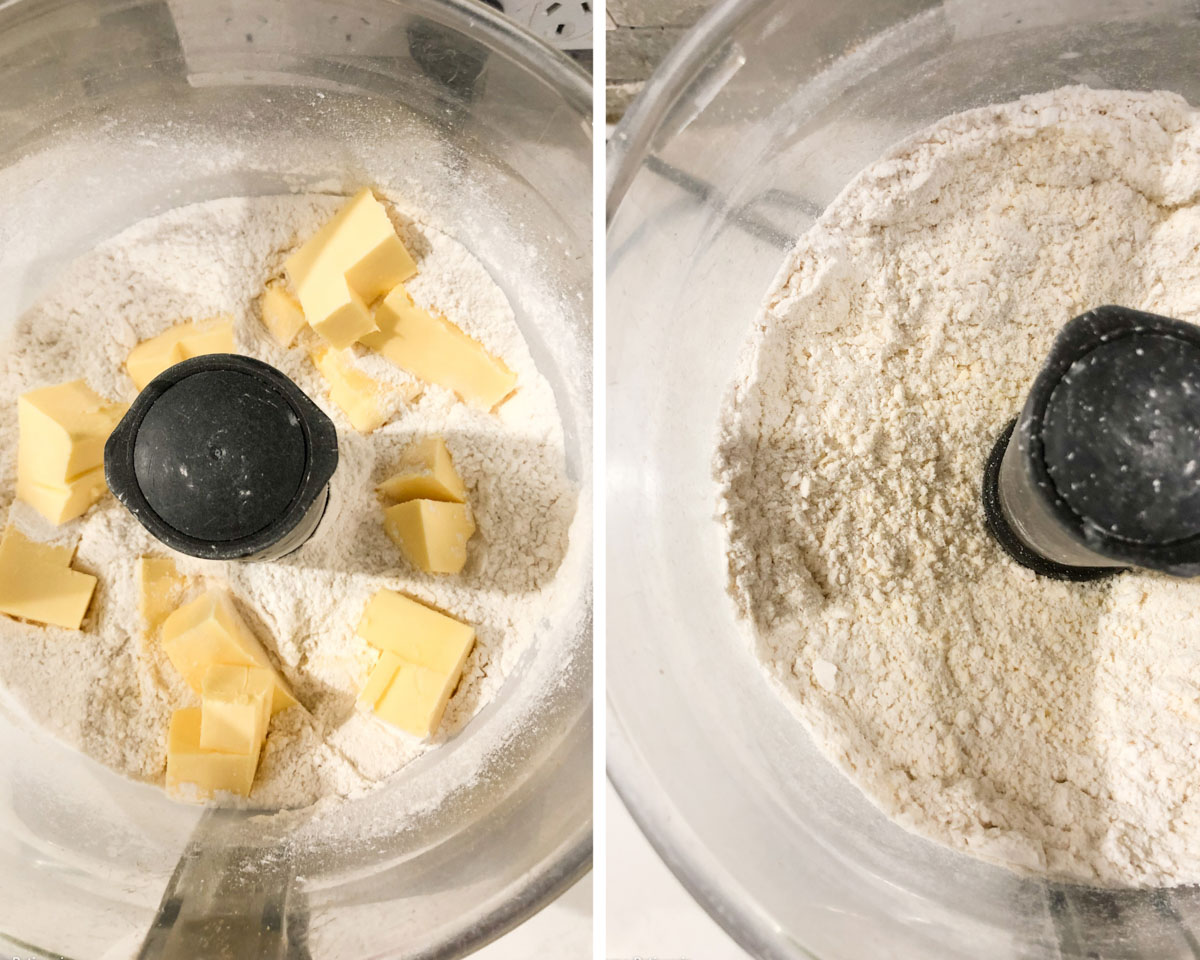 Making the pastry in the food processor by blending the flour, sugar and butter.