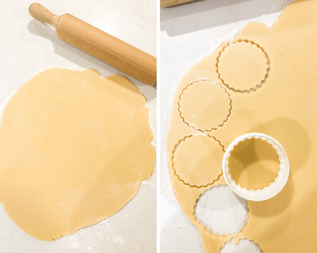 Rolling the dough out and cutting out the circles to create the tart shells.