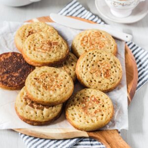 Cooked crumpets before spreading on the toppings.