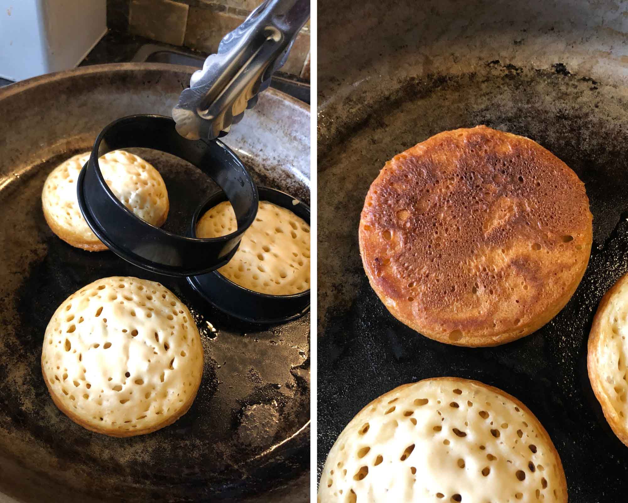 Removing the rings from the crumpets.