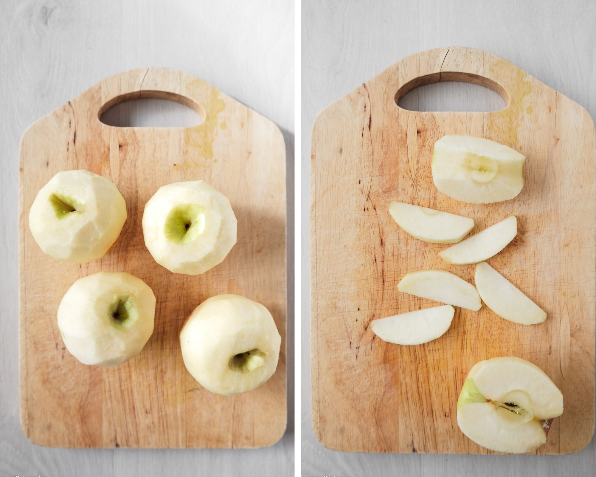 Peeled apples sliced into thin wedges on a wooden board.