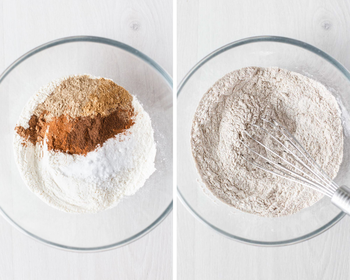 Whisking together the flour, baking powder, baking soda, salt and all of the chai spices.