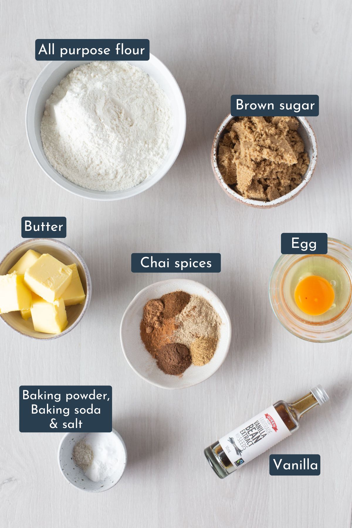 The ingredients you need to make this recipe are all purpose flour, brown sugar, unsalted butter, chai spices, egg, baking powder, baking soda, salt, and vanilla.