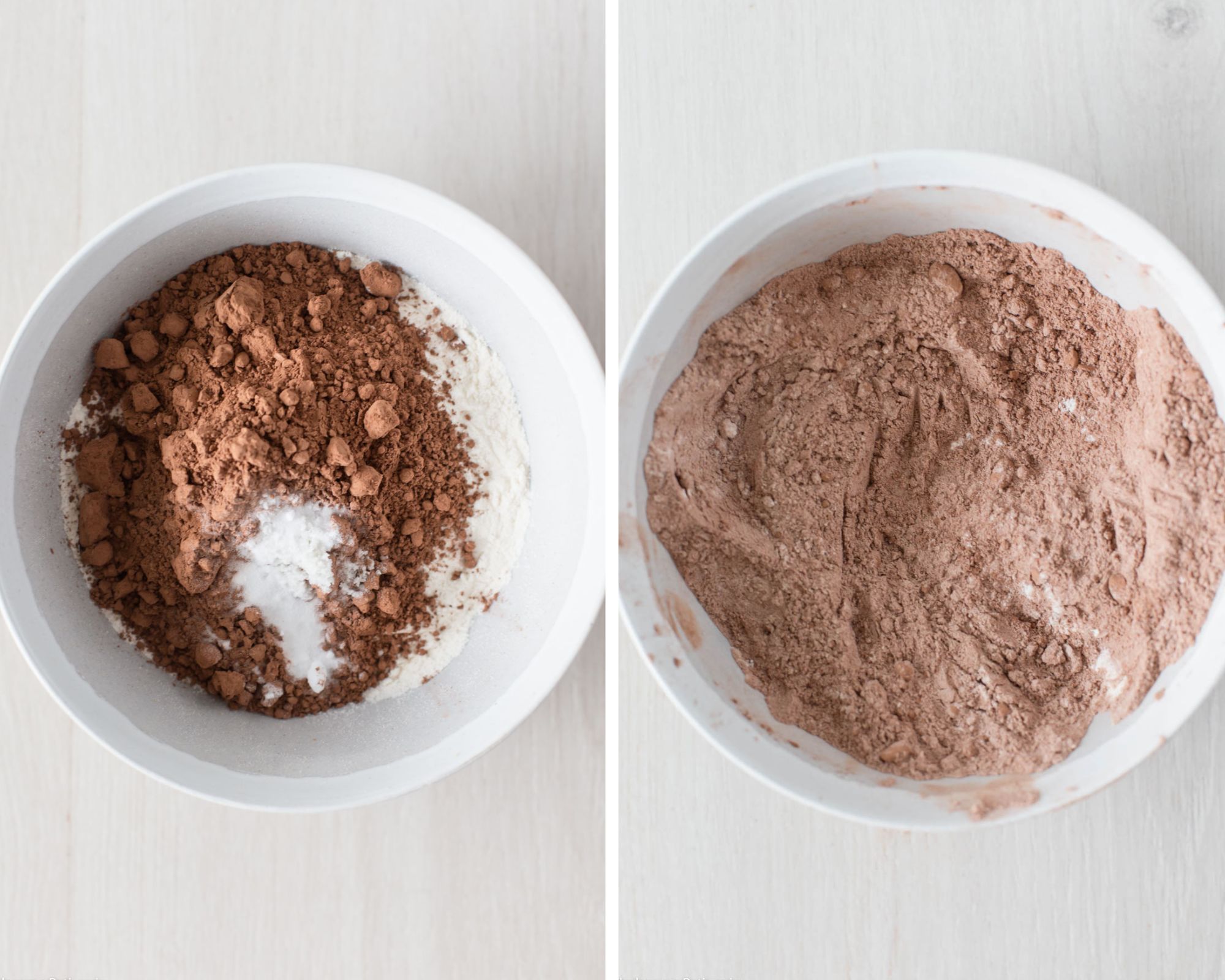 Mixing together the flour, cocoa powder, baking soda and salt in a small mixing bowl.