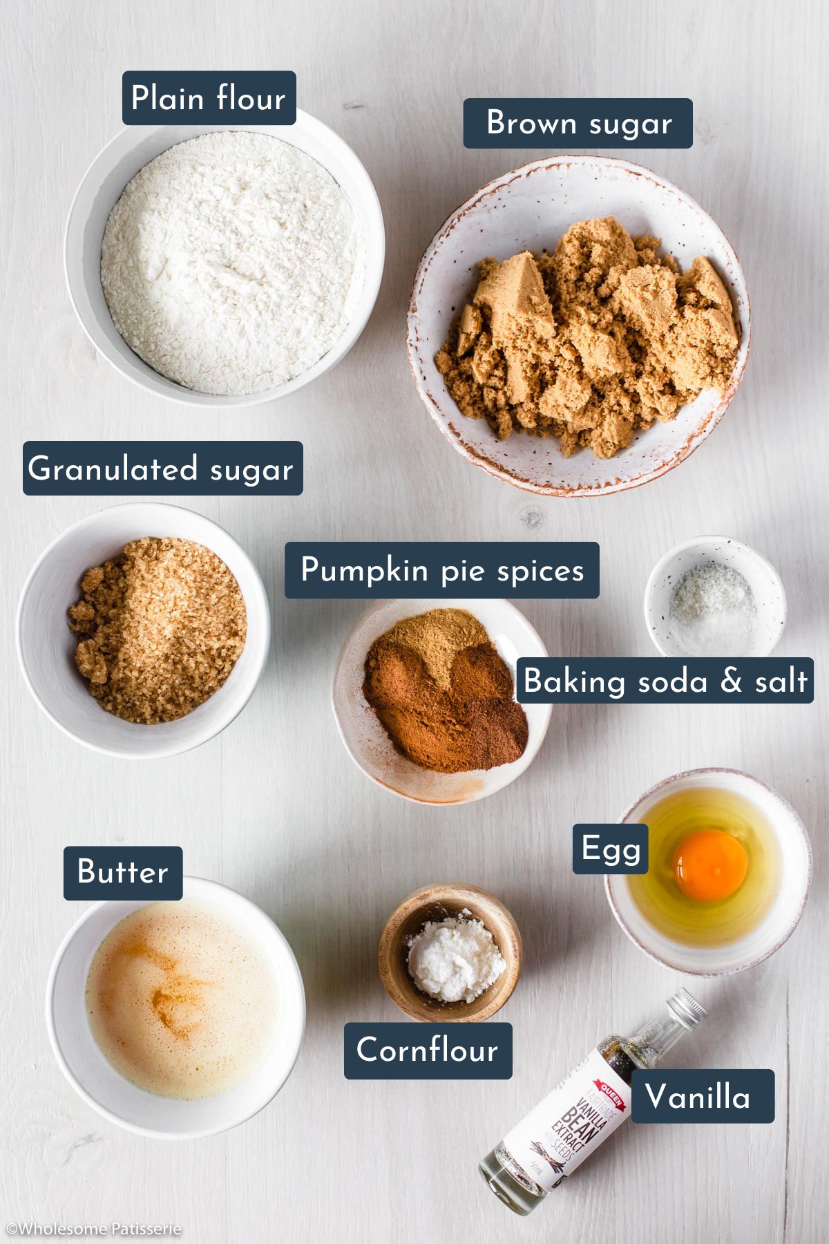 Ingredients needed to make these pumpkin spice cookies are all-purpose flour, brown sugar, granulated sugar, pumpkin pie spice, baking soda, salt, egg, butter, cornflour and vanilla.
