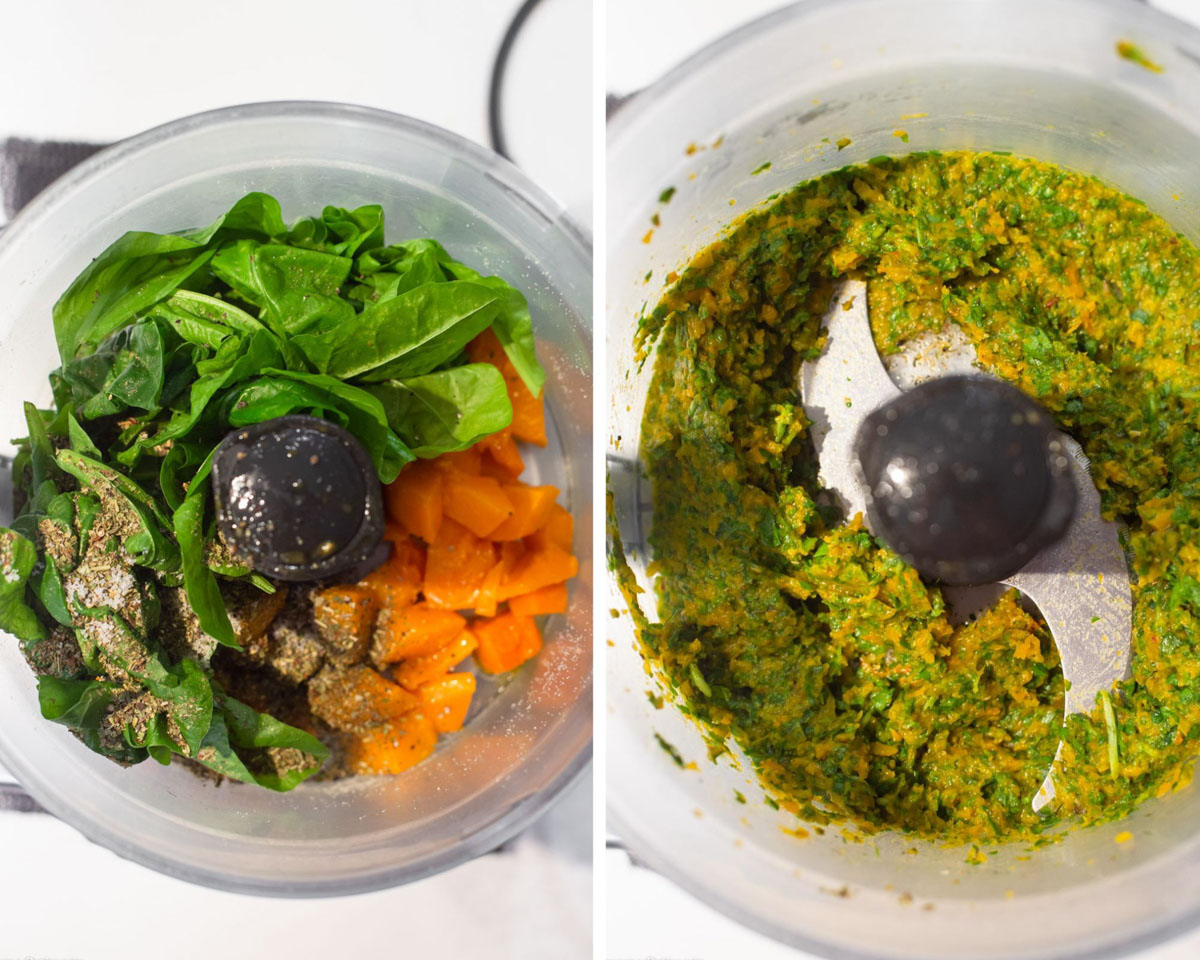Roasted pumpkin, spinach, dried herbs, salt and pepper in a food processor, blended.