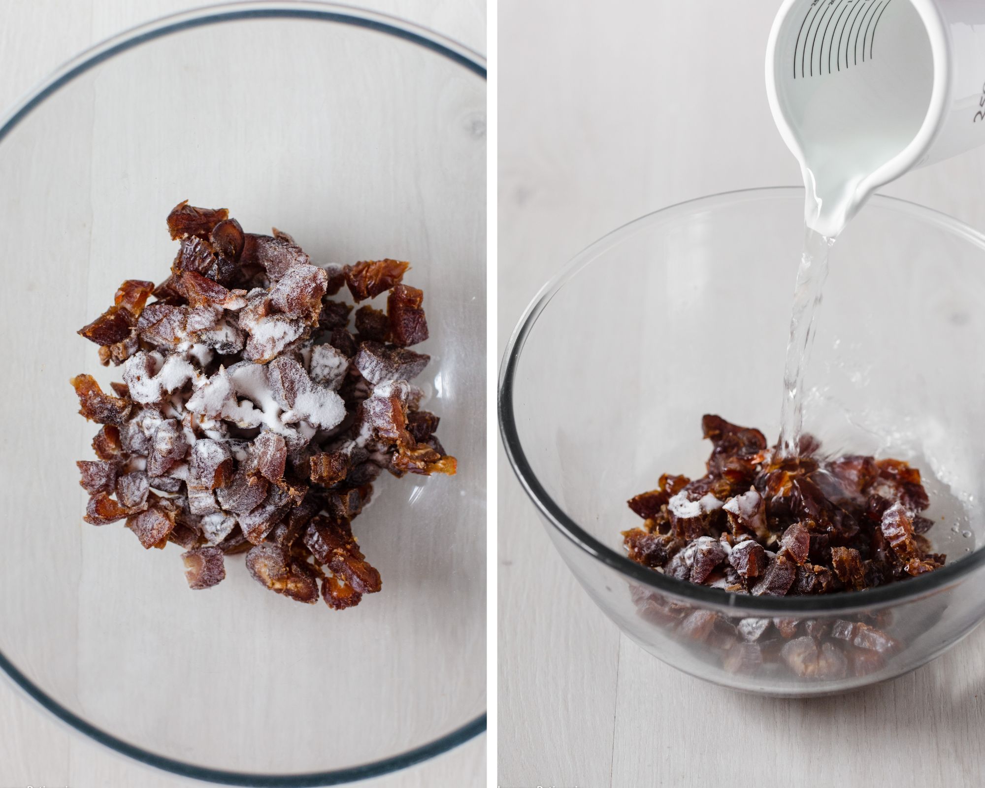 The chopped dates in a mixing bowl sprinkled with baking soda and pouring over the boiling water.