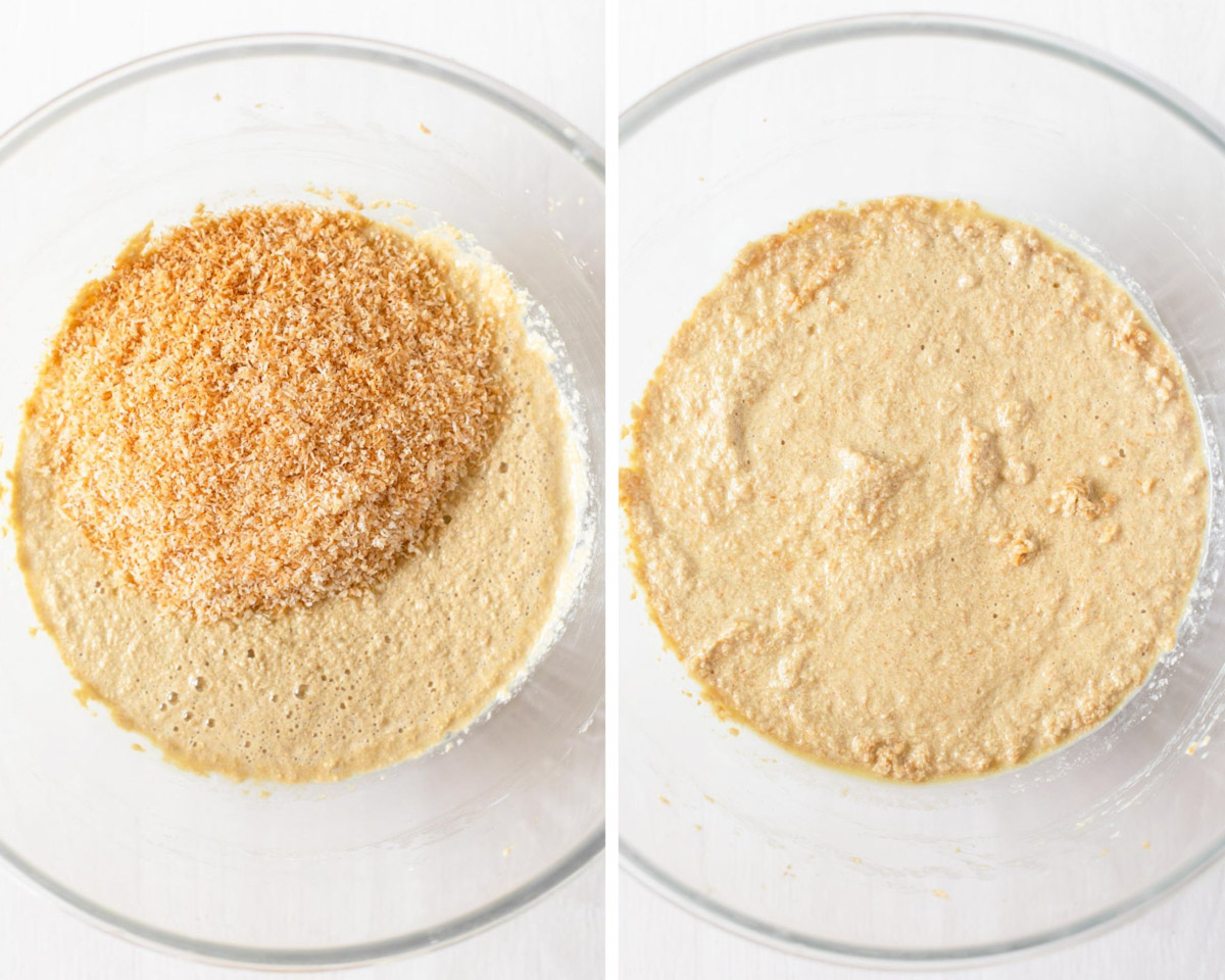 Mixing through toasted coconut into the cake batter.