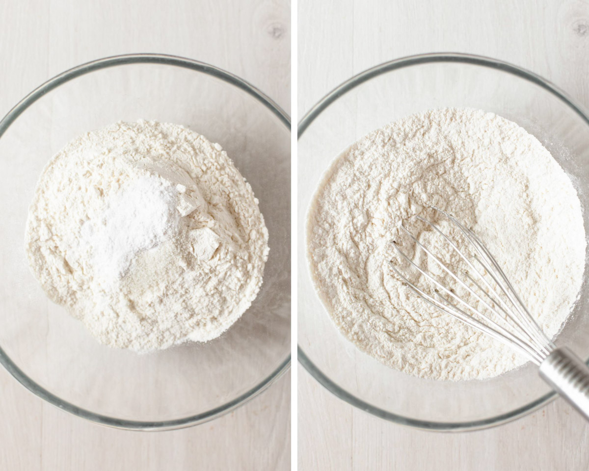 Whisking flour, baking powder and salt together in a large clear mixing bowl.
