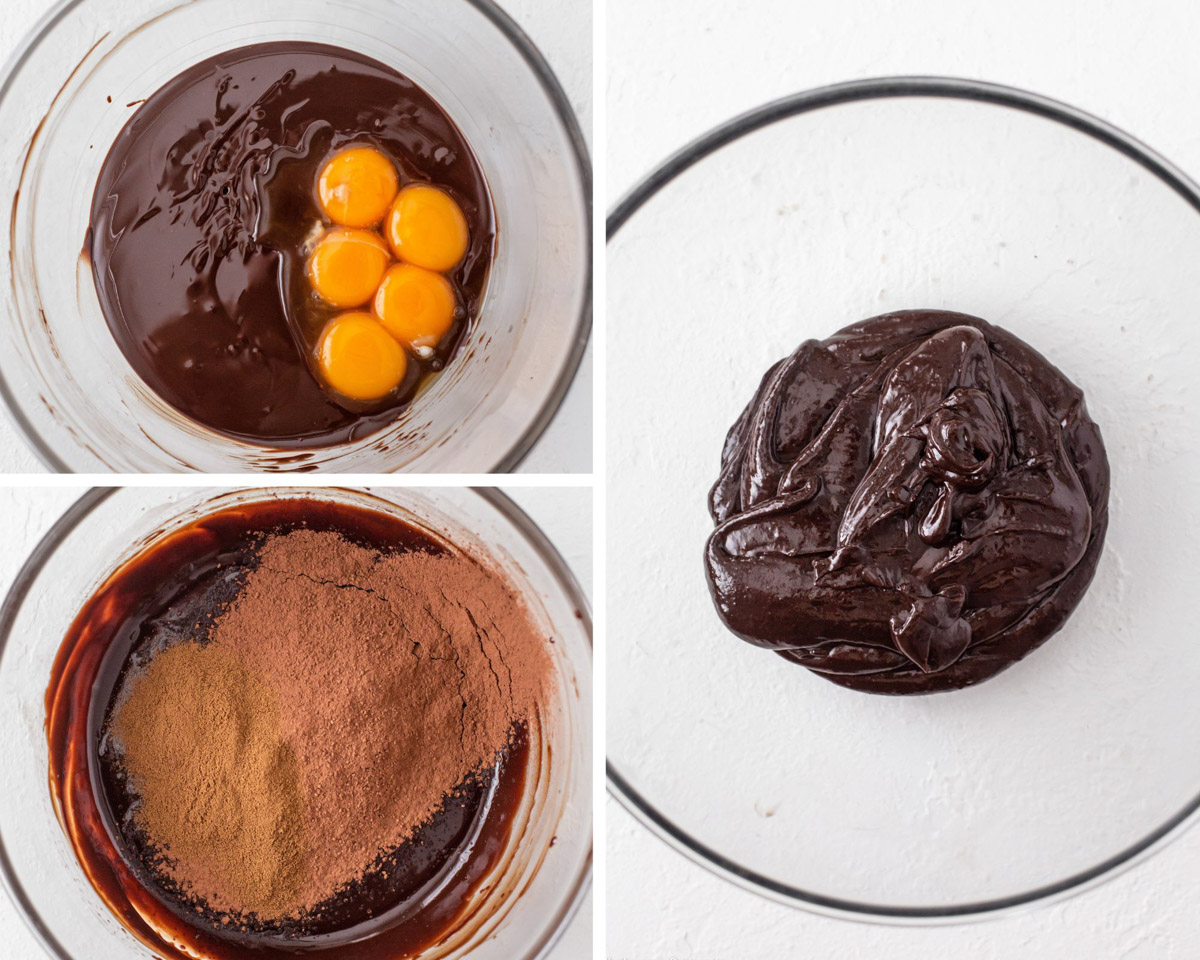 Egg yolks in the melted chocolate and butter mixture then mixing through the sifted cocoa powder and coffee powder.