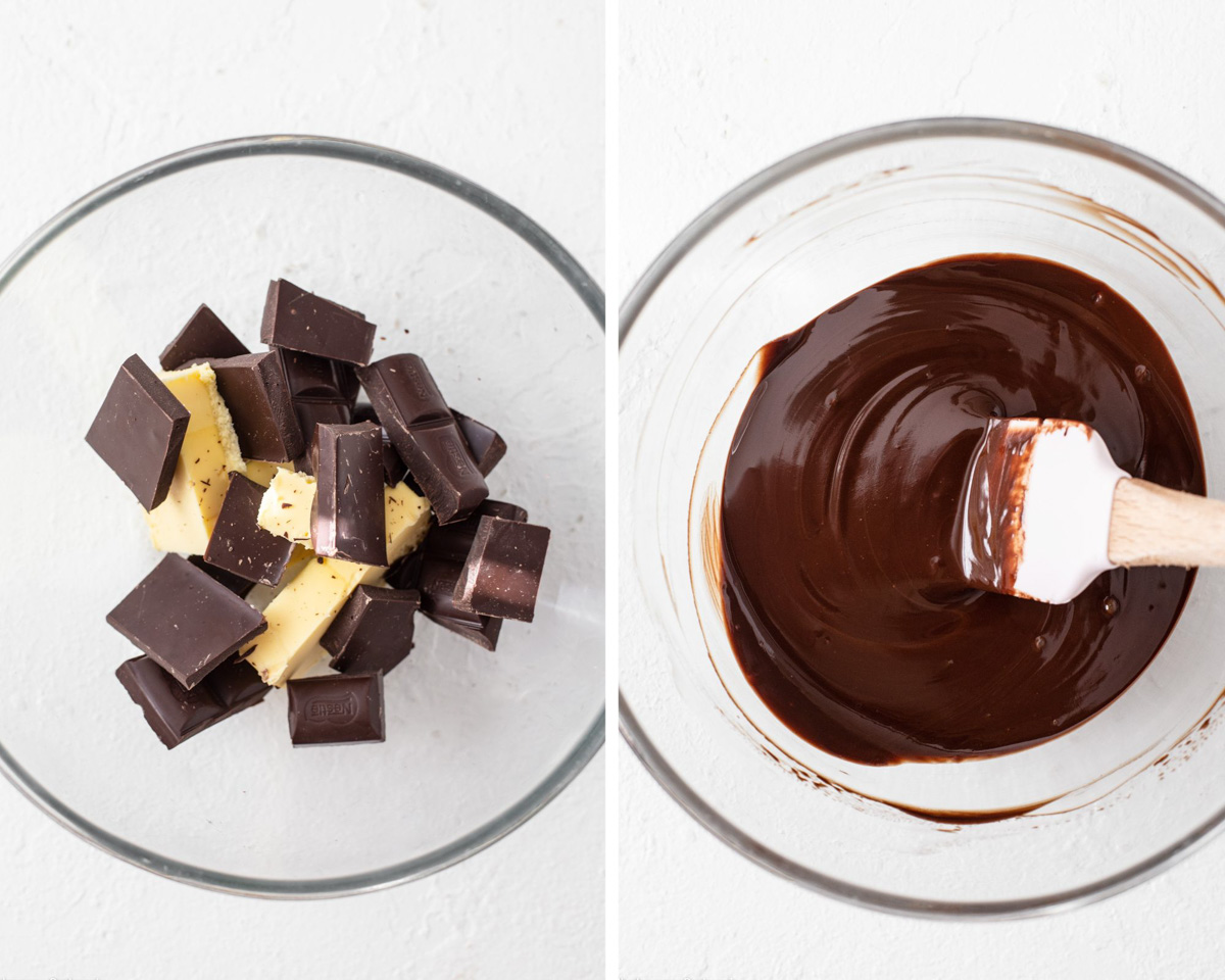 Melting the butter and dark chocolate in a bowl and mixing with a spatula until smooth.