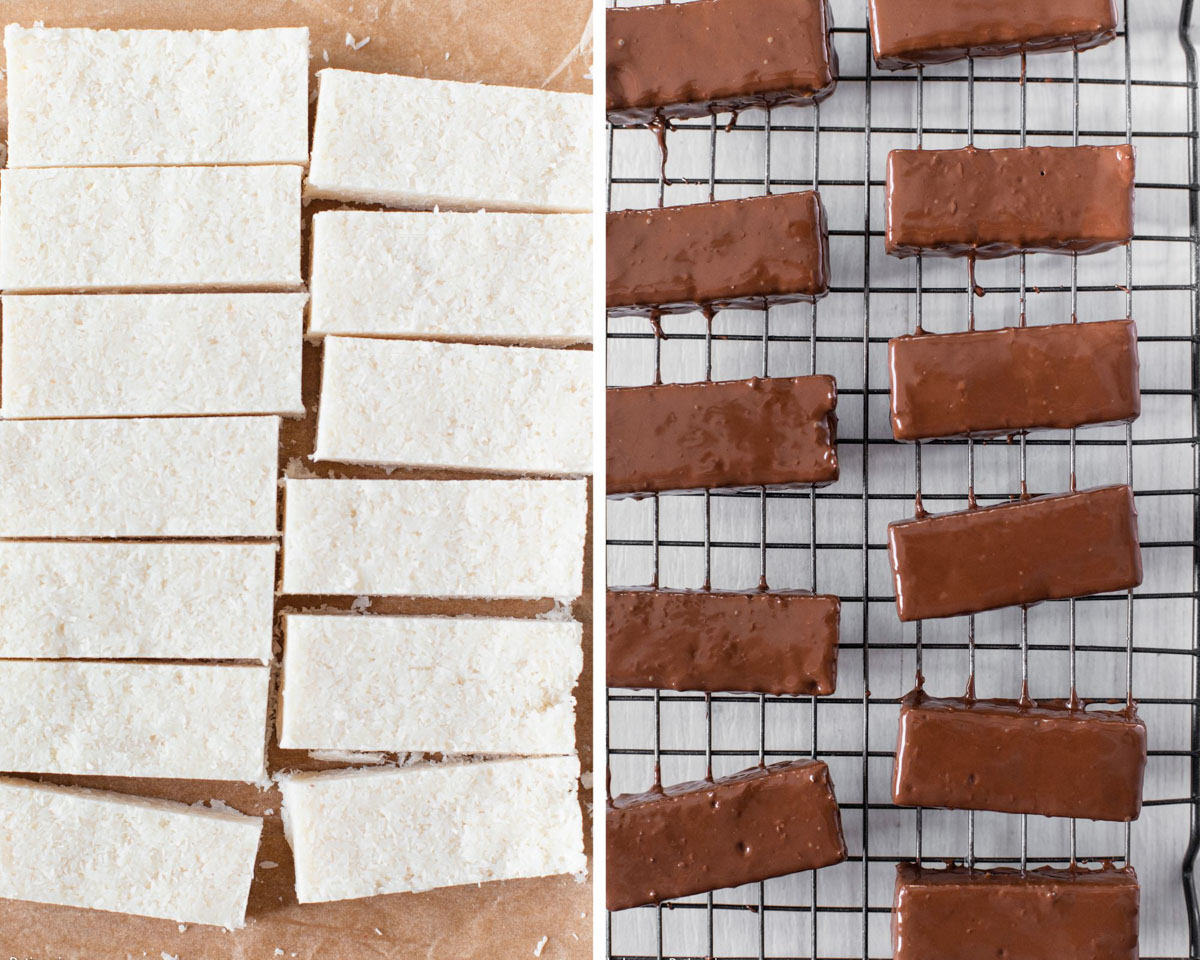 The coconut filling sliced into long bars then the bars coated in the melted dark chocolate sitting on a wire rack.