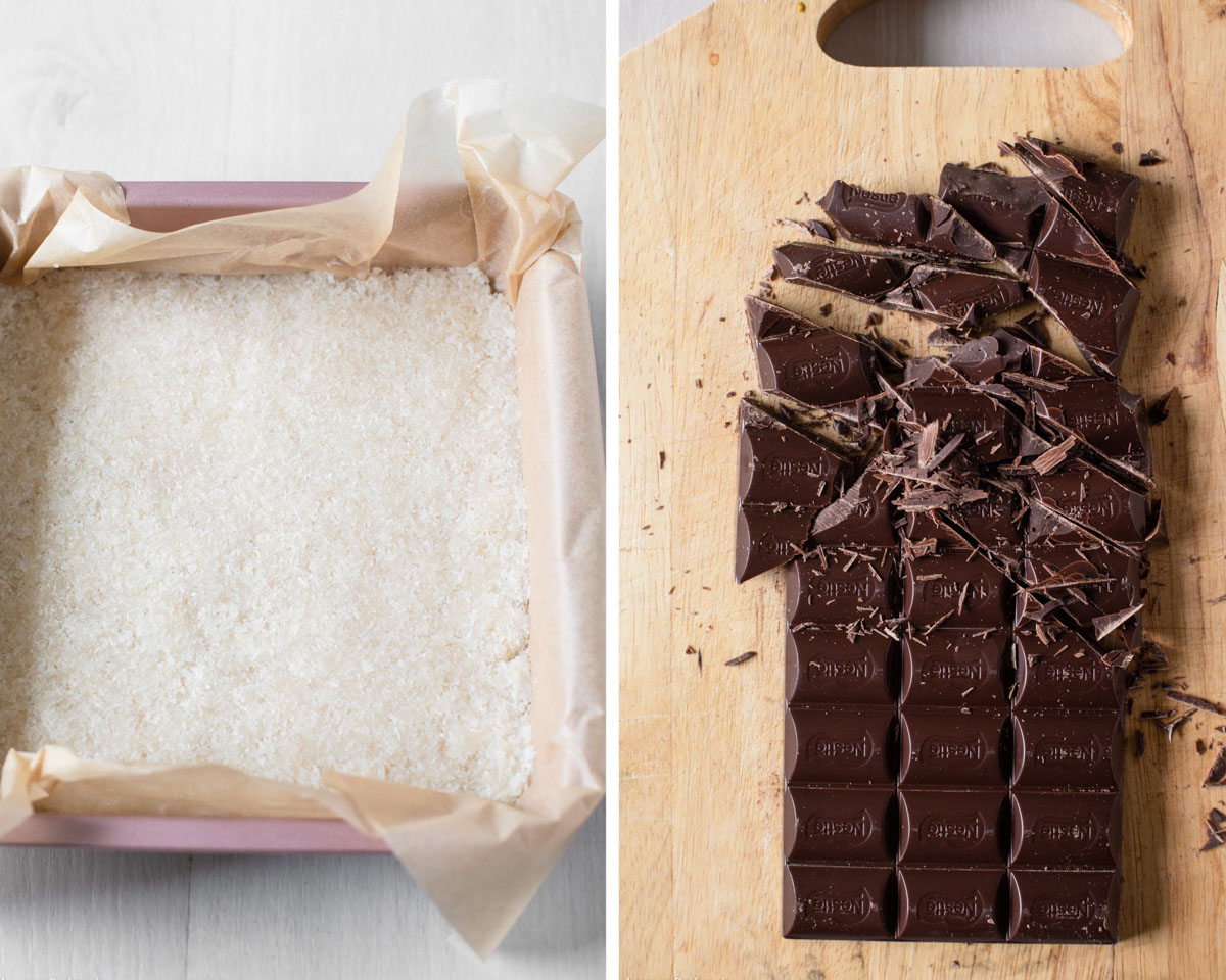 The coconut filling pressed into a lined square tin and then chopping the dark chocolate block.