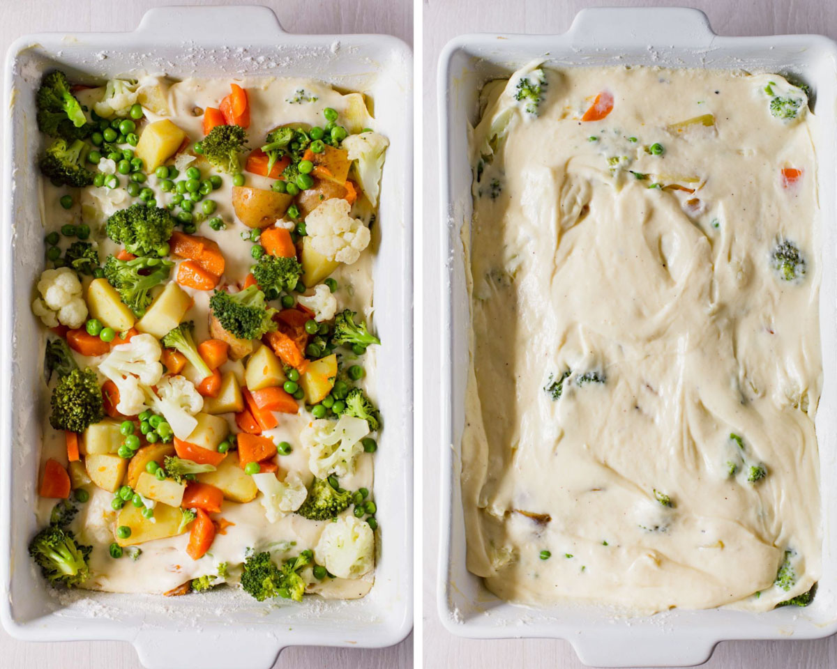 Layering white sauce and steamed vegetables in a 9x13 white baking dish. 
