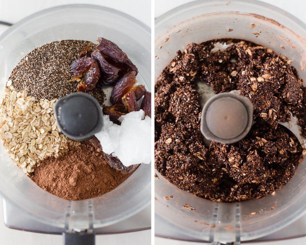 Chia seeds, oats, cocoa, dates and coconut oil in food processor.