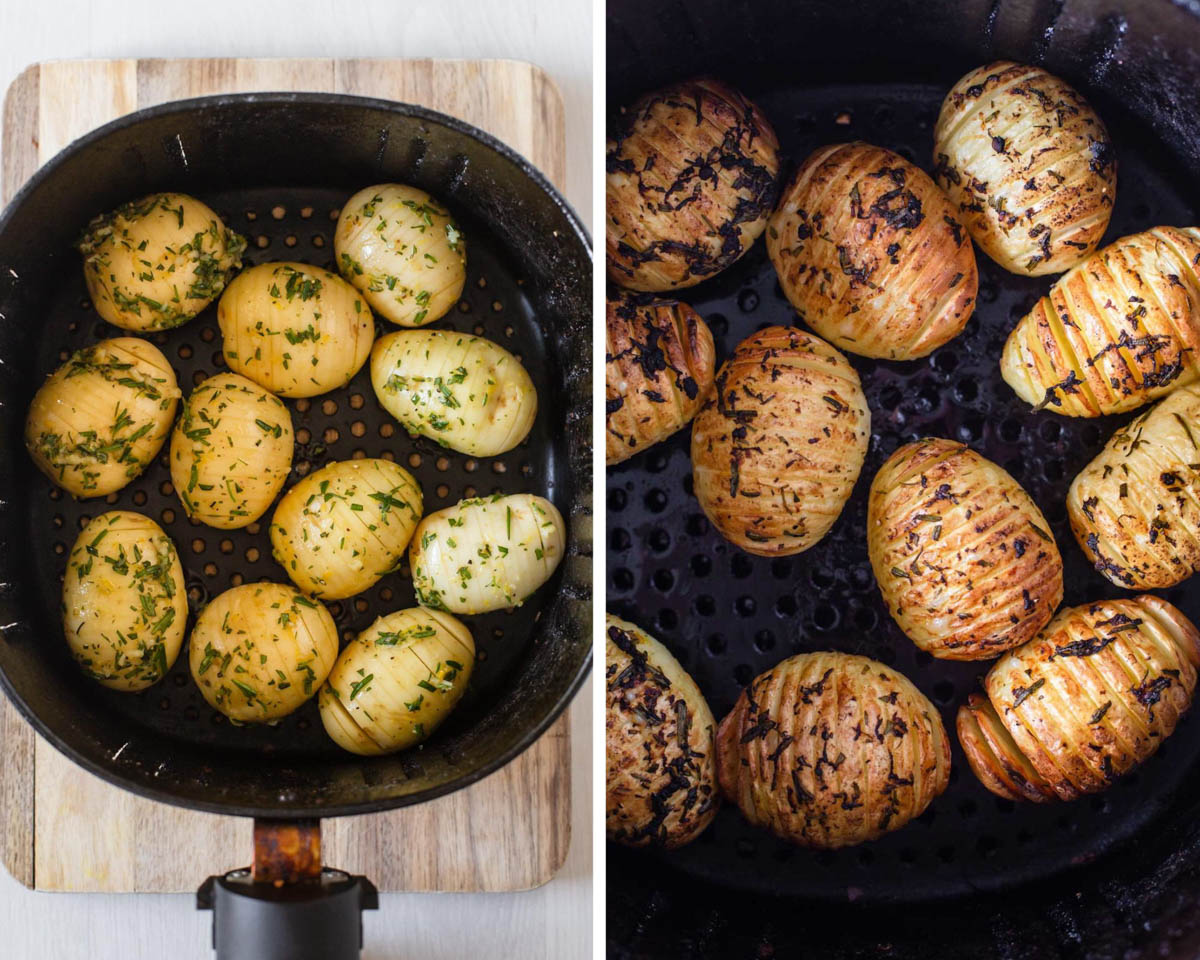 Hasselback potatoes in air fryer basket.