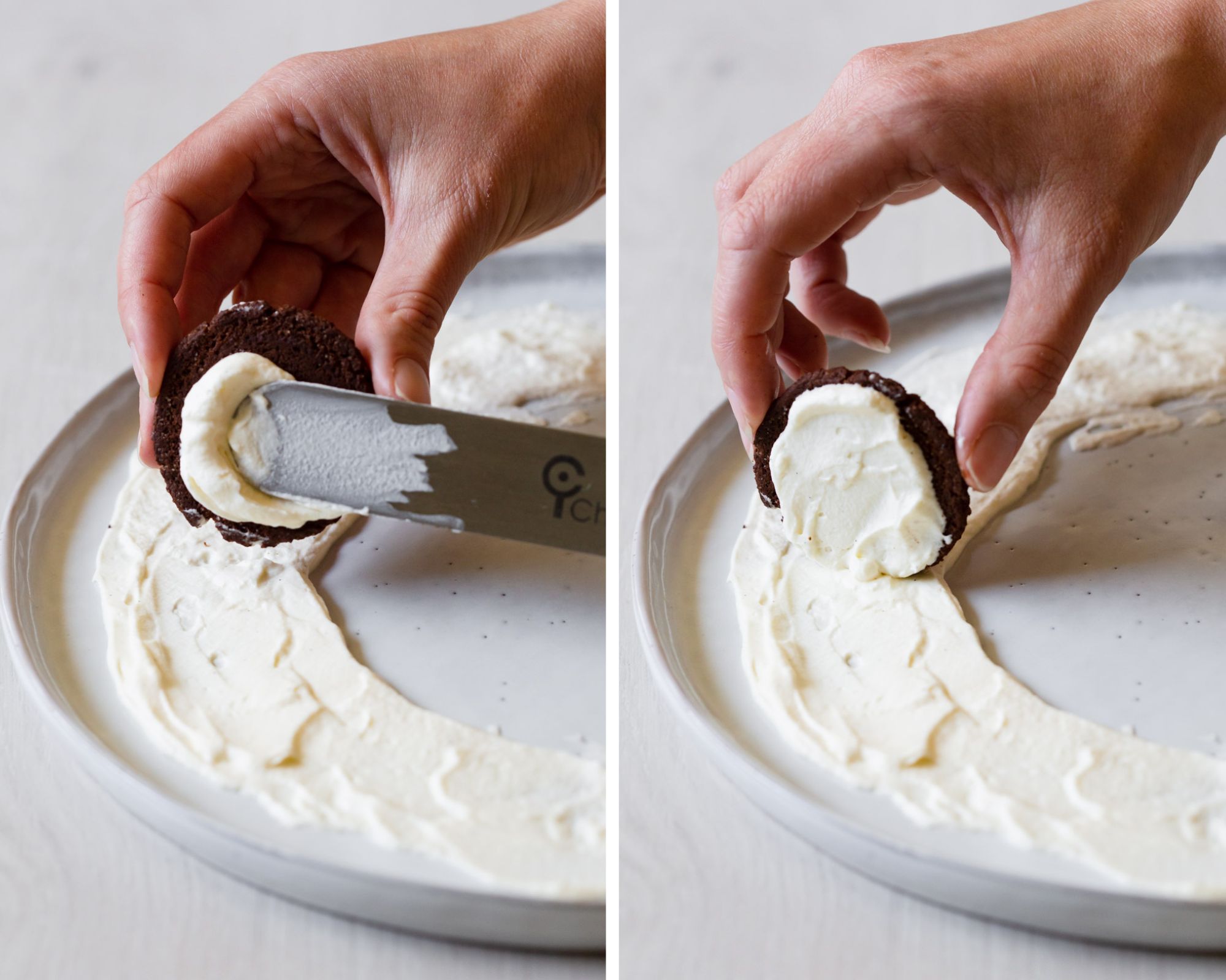 Spreading whipped cream into one choc ripple biscuit.